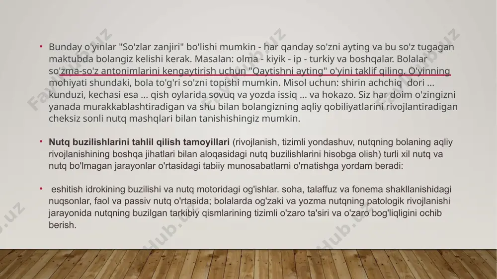 ellashtirish. maktab yoshida og'zaki usullar asosan vizual usullar bilan birlashtirilgan holda qo'llaniladi. jismoniy mashqlar- bu amaliy va aqliy vazifalarni bajarishda bolaning harakatlarining takroriy takrorlanishi. nutq terapiyasi ishida ular artikulyatsiya va ovoz buzilishlarini bartaraf etishda samarali. nutq nuqsonlari quyidagi mezonlar asosida tekshiriladi. 1. gugulash davri (3 oylikdan) 2. 1 yosh 6 oylikda 10-15 ta so‘z. 3. 2 yoshda 300 ta so‘z 3. 3 yoshda 1000 ta so‘z. 4. 6-7 yoshga kelib 4000 dan 5000 gacha so‘z lug‘at boyligida bo‘lishi lozim. nutq nuqsonlarini bartaraf etish yo‘llari 1. artikulsiya, nafas, mayda qo‘l muskullarini rivojlantiruvchi mashqlar. 2. logomassaj (nuqtali , bo‘shashtiruvchi, tetiklashtiruvchi massaj) 3. muammoli tovushni nutqqa qo‘yish (taqlid va mexanik usulida) 4. nutqni rivojlantiruvchi didaktik o‘yinlar. logoped tavsiyalari bolaning nutqi kechikayotganini yoki tovushlarni noto‘g‘ri talaffuz qilayotganini, duduqlanayotganini sezganingiz zahoti mutaxassislarga murojaat qilishingiz lozim. qancha erta murojaat qilsangiz, nutq nuqsonlari shuncha samarali bartaraf etiladi. nutq nuqsonlarining kelib chiqish sabablari mutaxassislar nutqning o‘z vaqtida rivojlanmasligi …