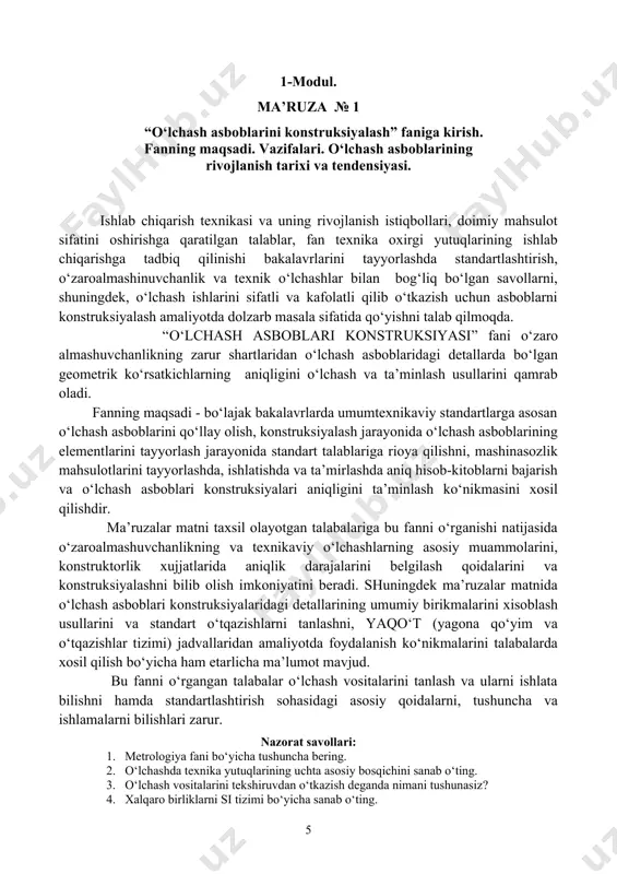 ashina ishlab chiqarishning yuzaga kelishi); -ishlab chiqarish jarayonlarini kuchaytirish sharoitida foydalanilayotgan o‘lchash vositalarining aniqligi, ishonchliligi va unumdorligini keskin oshirishni talab qiluvchi energetik bosqich (bug‘ energiyasini ishlatish, ichki yonuv dvigatellarining yuzaga kelishi, elektr energiyasini ishlab chiqarish va ishlatish); -zamonaviy fan yutuqlarining barchasini o‘lchash vositalarining tarkibiga kiritishni talab qilgan ilmiy-texnikaviy inqilob (fanni ishlab chiqarish bilan bog‘lash va uni bevosita ishlab chiqaruvchi kuchga aylantirish) bosqichi. bu bosqichning alohida xususiyatlaridan biri ob’ektlar va jarayonlar holatini muayyan parametrlar yordamida umumiy baholovchi o‘lchash tizimlarini yaratish bo‘lib, olingan natijalarni bevosita texnik tizimlarni avtomatik boshqarish uchun foydalanishdan iboratdir. o‘lchash texnikasi ehtimollar nazariyasi, boshqarish nazariyasi va boshqa ilmiy yo‘nalishlar bilan birgalikda informatsion-o‘lchash, ya’ni o‘zida asosiy informatsiya olish imkonini beradigan vositalarni jamlagan (o‘lchash, nazorat qilish, hisoblash, tashxis, umumlashtirish va tasvirlarni aniqlash) texnikasining rivojiga asos bo‘ldi. qo‘yilgan muammolarning, ularni echish usullari va olingan natijalarning har xilligidan qat’iy nazar, informatsiya olish mobaynida asosiy o‘lchash, ya’ni qayta ishlash, qabul qilish va biror jarayon …
