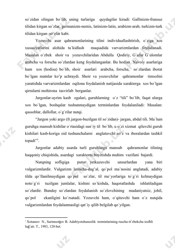 ri sifatida ish qog`ozlari va hujjatlar uslubiga xos so`z va iboralar. albatta, ma`lum bir shaklda saqlanadigan so`z birikmalari, gaplar o`z o`rnida juda zarur, ammo bu “qat`iy shakllar” shablonlar so`zlashuv nutqiga, badiiy adabiyotga, publitsistikaga o`tsa madaniy nutqni buzishi mumkin. o`rinsiz kanselyarizmlar kengashlar, majlislar, gazeta, radio, televideniyada so`zlangan nutqlarda ko`plab uchraydi. o`qituvchi nutqida soflikka erishishi uchun kanselyarizmlardan foydalanishga ham jiddiy e`tibor bermog`i lozim. o`qituvchi nutqining muhim fazilatlaridan biri-ifodalilik, ta`sirchanlikdir. ifodali, ta`sirchan nutq tinglovchida qiziqish uyg`otadi, uning ongiga tez yetib boradi, uning e`tibori va qiziqishini qozonadi. nutqning aloqaviy sifatlari-aniqligi, to`g`riligi, mantiqiyligi, sofligi (tozaligi) –nutqning ta`sirchanligini oshirishga xizmat qiladi. nutqning ta`sirchanligini oshirish uchun og`zaki nutqda so`zdagi unli tovushlarni cho`zish orqali shodlanish, taajjub, iztirob, o`kinish, g`azablanish kabi hissiy bo`yoq ifodalanadi, urg`u va so`zlar bo`ginlarga bo`lib talaffuz qilinadi. notiqlar, so`z san`atlari o`z nutqlarini ta`sirchanligini ta`minlash maqsadida ko`tarinki tantanali uslubda so`zlaydilar. muhim qarorlar, axborotlar, farmonlar o`qilganda ham bu uslubdan foydalaniladi. bunda tekis ritm, urg`ularni to`g`ri qo`yish, intonatsion …