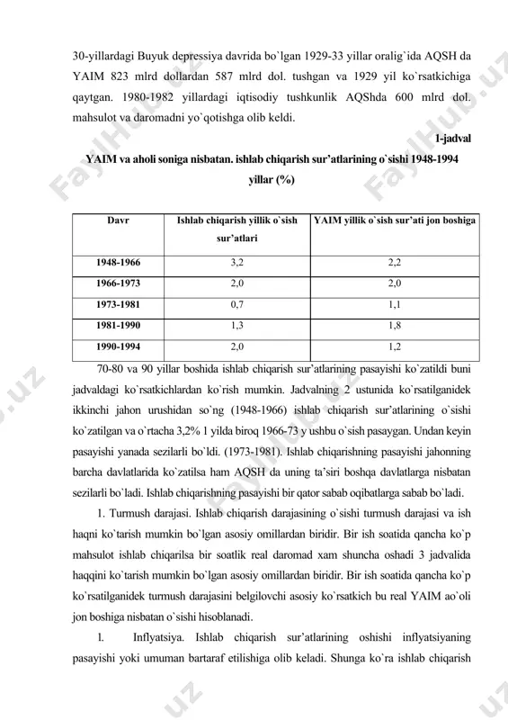 hisoblanadi. 1. inflyatsiya. ishlab chiqarish sur’atlarining oshishi inflyatsiyaning pasayishi yoki umuman bartaraf etilishiga olib keladi. shunga ko`ra ishlab chiqarish o`sishining pasayishi inflyatsiyaning sur’atini yuqori bo`lishiga olib keladi. ko`pchilik iqtisodchilarning fikriga ko`ra aynan ishlab chiqarish sur’atining pasayishi 70 yillarda inflyatsiyaning keskin ko`tarilishiga olib kelgan. 2. jahon bozori. aqsh da ishlab chiqarish sur’atlarining boshqa davlatlarnikiga nisbatan pasayishi mahsulotlarning narxining oshishiga olib keladi. bu esa o`z navbatida a+sh tovarlariga jahon bozoridagi talab tushib ketishiga sabab bo`ladi. amerika tovarlari bozordagi raqobatga dosh berolmaydilar amerikalik iqtisodchilar, mutaxassislar orasida aqsh ning ishlab chiqarish sur’atlari o`sishi sekinlashuvi va yaponiya, /arbiy yevropa mamlakatlaridan ortda qolganligi sabablarini tushuntirishda yagona bir fikr yo`q. chunki ishlab chiqarishga ko`plab omillar ta’sir etadi, shu omillardan ba’zilarini ko`rib chiqamiz. ishchi kuchi sifati. o`sishning keskinlashuvi sabablaridan biri bu ishchi kuchi sifatining sekin rivojlanishi. bunga uch faktor ta’sir etmoqda. 1. ish ko`nikmalari yo`qolishi. yetarli malaka va ko`nikmaga ega bo`lgan ishchilar asta sekin ishlab chiqarishdan chetlashmoqda ularning …