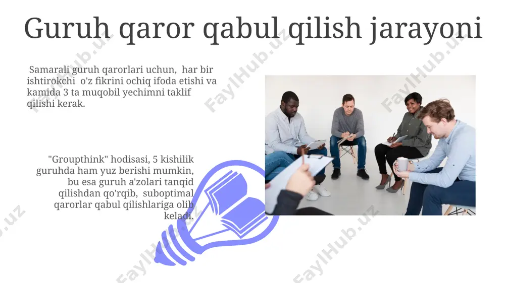 shaxsiy xususiyatlari mos kelishi va ularning o'zaro ta'siriga bog'liq bo'lib, 70% gacha unumdorlikni ta'minlaydi. turli xil temperamentdagi shaxslarning (xolerik, sangvinik, flegmatik, melanxolik) o'zaro hamkorligi 30% gacha samaradorlikni oshirishi mumkin, lekin mos kelmaslik holatlari 50% gacha pasayishga olib kelishi mumkin. shaxsiyat turlari va ularning guruhdagi roli guruhda 20% ga yaqin analitik turdagi shaxslar aniq faktlarga va mantiqiy xulosalarga tayanib, bahs-munozaralarda muvozanatni saqlashga yordam beradi va guruh strategiyasini shakllantirishda muhim rol o'ynaydi. ekstrovertlar (taxminan 50%) guruhdagi muloqotni boshqarishda faol ishtirok etadi, yangi g'oyalarni taklif qiladi va jamoaviy ishlarda energiya manbai bo'lib xizmat qiladi, lekin ba'zan dominantlikka moyil bo'lishi mumkin. guruh ichidagi ijtimoiy normalar 01 02 guruh ichidagi ijtimoiy normalar, odatda, 3-5 kishilik kichik guruhlarda ancha aniqroq namoyon bo‘ladi va guruh a’zolari o‘rtasidagi munosabatlarning mustahkamlanishiga yordam beradi. sales 1st qtr 2nd qtr 100 0 sales 1st qtr 2nd qtr 100 0 e'tiboringiz uchun rahmat @taqdimot_robot image4.jpg image5.jpg image6.jpg image7.jpg image8.jpg image9.jpg image10.jpg image11.jpg …