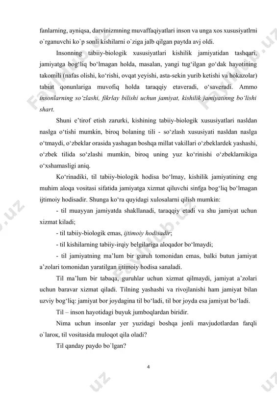 i. til – inson hayotidagi buyuk jumboqlardan biridir. nima uchun insonlar yer yuzidagi boshqa jonli mavjudotlardan farqli o`laroқ, til vositasida muloqot qila oladi? til qanday paydo bo`lgan? evolyutsionistlar ko`p yillar davomida ushbu masalaning yechimini topishga urinib kelsalarda, maqbul javob topolmadilar, ammo qator farazlar (gipotezalar)ni ilgari surdilar. bugun biz ulardan ayrimlarini ko`rib chiqamiz. ba'zi evolyutsionistlar tilni ibtidoiy odamlarning tovush va imo-ishoralaridan paydo bo`lgan deya ta'kidlasa, boshqalari tilni inson o`z ongi va taqlid qilish qobiliyati tufayli “kashf qildi” deydilar. shunga o`xshash qator ta'limotlar mavjudligiga qaramay, tilning paydo bo`lishi to`g`risidagi yagona mantiqiy model - tilning xudo tomonidan yaratilganligini tasdiqlovchi kreatsion (ilohiy) faraz bo`lib qolaverdi. inson tili: u hayvonlarning oddiy tovushlaridan paydo bo`lganmi yoki xudo tomonidan insonga in'om qilinganmi? olimlar, tilshunoslar va faylasuflar ushbu savol ustida darvinning evolyutsion nazariyasi (1859 y.) paydo bo`lgandan beri bosh qotirmoqdalar. tilning paydo bo`lishi tўg`risida qator farazlar (gipotezalar) mavjud bo`lib, ularning birortasi ham asoslanmagan, zero ushbu hodisaning uzoq o`tmishda …