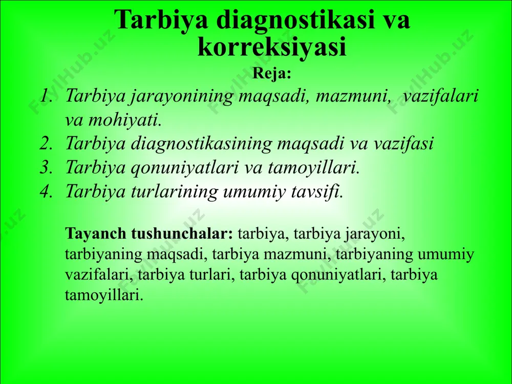 ulqiy odatlar hosil bo’ladi. tarbiya jarayonida tarbiyachi bola shaxsining tez rivojlanadigan davri – o’quvchilik yillarida uning ongiga turli faoliyat yordami bilan maxsus ta’sir etish muhimdir. aks holda xulq me’yorlari, axloq talablarini yaxshi tushunmay qolishi natijasida shaxs ijtimoiy munosabatlarda beqaror, tasodifiy ta’sirga beriluvchan bo’lib qolishi mumkin. ўқиш меҳнат ижтимоий ишлар ўйин спорт бадиий ҳаваскорлик tarbiyaning maqsadi - har tomonlama barkamol shaxsni shakllantirish. tarbiya mazmuni deganda, qo’yilgan maqsad va vazifalar bilan bog’liqlikda ta’lim oluvchilarning egallashi lozim bo’lgan bilim, malaka, e’tiqod, shaxs sifati va xarakteri, xulq-atvor tizimi tushuniladi. tarbiyaning umumiy vazifalari: jamiyat a’zolarining maqsadga yo’naltirilgan rivojlanishi hamda ularning qator ehtiyojlarini qondirish uchun shart-sharoit yaratish; jamiyat rivoji uchun zarur bo’lgan ijtimoiy madaniyatga mos yetarlicha hajmdagi “inson“ni tayyorlash; madaniyatlarni uzatib turish orqali ijtimoiy hayotning barqarorligini ta’minlash; ma’lum jins yoshi va ijtimoiy-kasbiy guruhlarning qiziqishlarini hisobga olgan holda ijtimoiy munosabatlar doirasida jamiyat a’zolarining harakatini tartibga solish. tarbiya jarayonini tashkil etish shakllari yakka guruhli ommaviy 2.tarbiya jarayoni o’ziga …