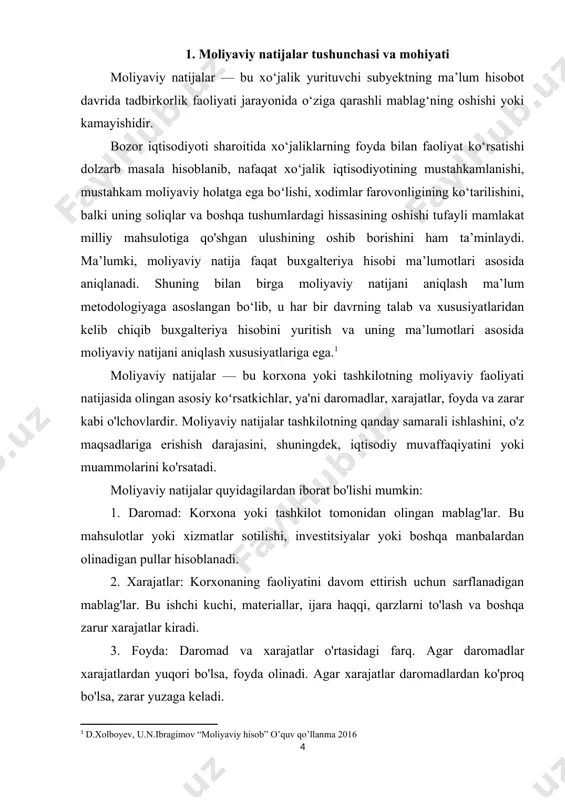 madlar xarajatlardan yuqori bo'lsa, bu foyda (ijobiy natija), aks holda zarar (salbiy natija) shaklida namoyon bo'ladi. bu tahlil korxonaning resurslardan qanday foydalanayotganini va ularni qanday boshqarayotganini ko'rsatadi. moliyaviy natijalar mohiyati shundaki, ular korxonaning foyda olish qobiliyatini, ya'ni rentabellikni baholashga yordam beradi. foyda — bu korxona tomonidan olingan umumiy daromad va xarajatlar o'rtasidagi farq bo'lib, korxona faoliyatining samaradorligini ko'rsatadi. rentabellik esa foydaning investitsiyalar yoki kapitalga nisbati sifatida o'lchanadi. moliyaviy natijalar korxonaning o'z majburiyatlarini bajarish va qarzlarni o'z vaqtida to'lash qobiliyatini ko'rsatadi. agar korxona doimiy ravishda zarar ko'rsa yoki likvidlik muammolariga duch kelsa, bu uning moliyaviy barqarorligini va kelajakdagi rivojlanish imkoniyatlarini xavf ostiga qo'yishi mumkin. moliyaviy natijalar tashkilotga o'z faoliyatini tahlil qilish va rivojlantirish uchun kerakli ma'lumotlarni beradi. masalan, foyda va zarar tahlili orqali, tashkilotning biznes strategiyalarini va operatsion qarorlarini qayta ko'rib chiqish mumkin. moliyaviy natijalar, shuningdek, tashqi manfaatdor tomonlar uchun ham muhimdir: investorlar, kreditorlar, davlat organlari va boshqalar. ular korxonaning moliyaviy …