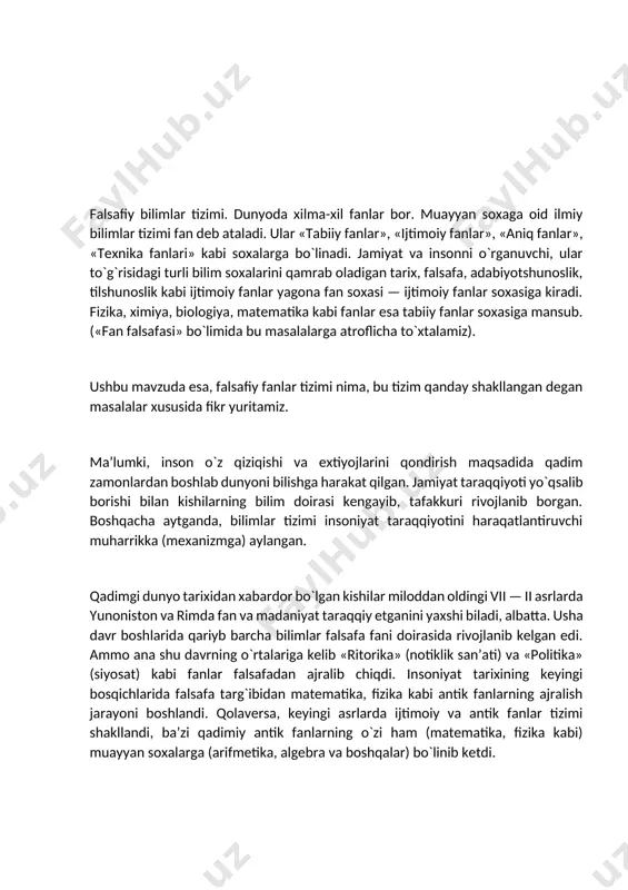 falsafiy bilim soxasidir. gnoseologiya — bilish falsafasi bo`lib, olamni anglash, bilish nazariyasi, bilishning shakli, usullari va imkoniyatlari to`g`risidagi ta’limotdir. aksiologiya — qadriyatshunoslik yoki qadriyatlar to`g`risidagi falsafiy ta’limot. praksiologiya — insonning predmetli-o`zgartiruvchan, amaliy faoliyati to`g`risidagi falsafiy ta’limot. metodologiya — bilish va o`zgaruvchan faoliyat usullari to`g`risidagi ta’limot. logika — tafakkur shakllari (tushuncha, xukm, xulosa) va tafakkur vositalarini (ta’rif, qoida, muxokama, tafakkur qonuniyatlari), ularning mazmunidan qat’i nazar, holis o`rganuvchi ta’limot. etika — axloq falsafasi, insoniyatning axloqiy tamoyillari, talab va tartib-qoidalari to`g`risidagi fan. estetika — nafosat falsafasi, jamiyat va inson hayotida go`zallikning o`rni, qonun-qoidalari to`g`risidagi qarashlar majmui bundan tashqari, inson falsafasi (antropologiya), ijtimoiy falsafa, tabiat falsafasi, madaniyat falsafasi (qulturologiya), san’at falsafasi, mafko`ra falsafasi (ideologiya), din falsafasi (teologiya), siyosat falsafasi (politologiya), huquq falsafasi, texnika falsafasi kabi soxalar ham mavjudki, ular bir so`z bilan ijtimoiy-falsafiy fanlar tizimi deyiladi. ikkinchi xil klassifikatsiya falsafiy fanlar tasnifida olam va odam, borliqning asosi bilan bog`lik masalalar qanday usulda xal qilinishiga …