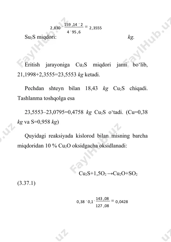oblanib, sio2 miqdori 40%, feo esa 45% deb qabul qilinadi. flusli birikma sifatida quyidagi tarkibdagi kvarsli ruda qayta ishlash uchun pechga yuklanadi. sio2 – 73%, al2o3 – 6%, cao – 1%. tenglama tuzamiz: x – deb flus massa belgilansa, unda flusda kremnezem massasi – 0,73x bo‘ladi. toshqol tarkibida (0,73x+4,851) sio2 mavjud. bundan: 9∙(0,73x+4,851)=8∙19,6536 6,57x=113,5698 x=17,2861 kg. flusda 10% fe gematit holida bo‘ladi. temirning miqdori: 0,1∙17,2816 =1,72861 kg. temirning bu miqdoriga to‘g‘ri keluvchi gematit miqdori: kg. (3.40) reaksiyaga asosan bu massadan 2,416kg fe3o4 holiga qaytarildi. qolgani esa fe2o3: 2,4714–2,416=0,0554 kg. quyidagi reaksiya bo‘yicha fe3o4 oksidga qaytariladi: 3fe2o3=2fe3o4+0,5o2 (3.42) hosil bo‘luvchi fe3o4 miqdori: kg. undan kg o2 ajralib chiqadi. tashlanma toshqol tarkibidagi magnetit miqdori: 0,0554+5,3997=5,4316 kg teng bo‘ladi. 17,2861kg flus tarkibida quyi​dagilar mavjud: kg % sio2 12,6188 73 fe2o3 2,4714 14,3 al2o3 1,0372 6 cao 0,172861 1 hokazo 0,985839 5,7 hammasi 17,2861 100,00 gazlarni hisoblash bizning hisobimizda kislorodli-mash’alli eritish pechi texno​logik jarayonning …