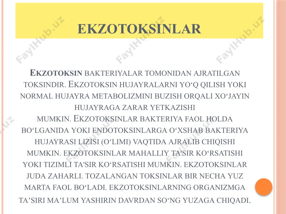 ing hujayralarini nobud qiladi. radioaktiv ifloslanish ular orasida strontsiy-90 juda xavfli bo‘lib, odam skeletidagi suyaklarda to‘planadi. organizmning doimiy nurlanish manbai bo‘lib xizmat qiladi. stronsiy-90 radioaktiv seziy-137 kaliyga yaqin bo‘lib, zararlangan hayvonlarning muskullarida ko‘p uchraydi. alyaskadagi tub aholini tekshirishlar natijasida, ularning organizmlarida ancha miqdorda seziy-137 uchrashi aniqlandi. buning sababi esa ular, ya’ni, eskimoslar shimol bug‘usi go‘shti bilan ovqatlanadi seziy-137 oziq-ovqat mahsulotlarida uchraydigan mikotoksinlar ba'zi qo'ziqorinlar tomonidan tabiiy ravishda hosil bo'lgan toksinlardir. qo'ziqorinlar odatda oziq-ovqat mahsulotlarida, asosan yong'oq, quritilgan mevalar, olma, don, ziravorlar va kofe loviyalarida, odatda issiq va nam sharoitlarda rivojlanadi. mikotoksinlar odamlar mikototsin ishlab chiqqan ushbu oziq-ovqat mahsulotlarini iste'mol qilganda, ba'zi sog'liq muammolariga duch kelishadi. mikotoksinlar odamlar uchun ham, hayvonlar uchun sog'liq uchun ham jiddiy xavf tug'diradi. bugungi kunga qadar ko'plab mikotoksinlar aniqlangan. eng ko'p kuzatiladigan mikotoksinlarga aflatoksinlar, ochratoksin a, patulin va fumonisinlar kiradi, ular inson salomatligi va chorvachilikka zararli. bular orasida aflatoksinlar eng zaharli mikotoksin turlari hisoblanadi. u tuproqda …