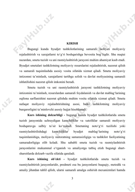 liklar va kamchiliklarni aniqlash va bartaraf etish yo‘llarini izohlash; 5. amaliy tavsiyalar va takliflar ishlab chiqish, smeta sifatini oshirish va byudjet nazoratini kuchaytirish. kurs ishining tuzilishi – ushbu kurs ishi kirish, ikki bob va xulosa. birinchi bobda smeta tuzishning nazariy asoslari, prinsiplari, huquqiy-me’yoriy hujjatlari va byudjet jarayonidagi ahamiyati batafsil yoritiladi. ikkinchi bobda smeta rasmiylashtirish va amaliyoti, mas’ul shaxslar vakolatlari, uchraydigan xatoliklar, ularni bartaraf etish yo‘llari va amaliy tavsiyalar keng tahlil qilinadi. xulosa qismida kurs ishida olingan natijalar umumlashtiriladi va amaliy tavsiyalar ishlab chiqiladi. i bob. byudjet tashkilotlarida smeta tuzishning nazariy asoslari 1.1. smeta tushunchasi, vazifalari va ahamiyati bir qarashda smeta oddiy hujjatdek tuyulishi mumkin, ammo amaliyotda u byudjet tashkilotlarining moliyaviy boshqaruvi uchun asosiy vositalardan biri sifatida xizmat qiladi. smeta tushunchasini to‘liq ochib berish va uning mohiyatini tushuntirish uchun quyidagi jihatlarni ko‘rib chiqish muhimdir. smeta – bu tashkilotning moliyaviy xarajatlarini oldindan rejalashtirish va tizimli shaklda aks ettirish vositasi hisoblanadi. smeta orqali …