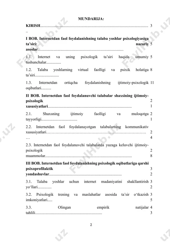 olingan empirik natijalar tahlili................................................................... 43 xulosa va tavsiyalar............................................................................ 53 foydalanilgan adabiyotlar.......................................................... 59 kirish bugungi kunda axborot-kommunikatsiya texnologiyalari hayotimizning ajralmas qismiga aylangan. ayniqsa, internetning keng tarqalishi va uning imkoniyatlaridan foydalanish yoshlarning kundalik faoliyatida muhim o‘rin tutmoqda. talaba yoshlar orasida internet faolligi ularning ijtimoiy munosabatlari, ruhiy holati va shaxsiy rivojlanishiga sezilarli ta’sir ko‘rsatmoqda. mavzuning dolzarbligi. talaba yoshlar orasida internetdan faol foydalanish ularning ijtimoiy faoliyati, psixologik holati va shaxsiy rivojlanish jarayonlarini belgilovchi muhim omilga aylangan. shu bois, internetning yoshlar psixologiyasiga ta’siri, ijtimoiy-psixologik xususiyatlari va ularning shaxsiy o‘sishiga ko‘rsatadigan ta’sirini ilmiy jihatdan o‘rganish dolzarb va zarur hisoblanadi. bundan tashqari, internetdan ortiqcha yoki noo‘rin foydalanish natijasida yuzaga keladigan salbiy oqibatlarni aniqlash va ularni oldini olish yo‘llarini izlash ham muhim ilmiy masala hisoblanadi. bu esa yoshlarning ijtimoiy moslashuvini oshirish, raqamli madaniyatni rivojlantirish hamda sog‘lom shaxs sifatida shakllanishiga xizmat qiladi. shuningdek, ushbu mavzu o‘zbekiston sharoitida hali yetarlicha o‘rganilmagan ijtimoiy-psixologik yo‘nalishlardan biri bo‘lib, milliy va xalqaro darajada yangi …