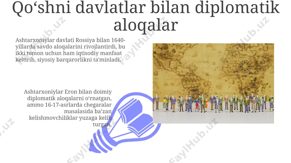 di. bular iqtisodiy tanazzul va davlatning zaiflashuviga sabab bo'ldi. xvii asr oxirida taxt uchun kurash kuchayib, har bir hukmdor o'z ta'sirini o'tkazishga intildi. bu esa siyosiy barqarorlikni yo'qotib, davlatni zaiflashtirdi. xon hokimiyatining roli va vakolatlari qonunchilik sohasida xon oliy hakam hisoblangan, muhim nizolarni hal qilgan va qonunlarni tasdiqlagan. uning farmonlari, ayniqsa, xvii asrning oxirigacha majburiy kuchga ega edi. xon iqtisodiy siyosatda muhim rol o'ynagan, savdo yo'llarini nazorat qilgan va soliq yig'ish tizimini boshqargan. xon daromadning katta qismini 1556-1698 yillarda o'z qo'lida ushlab turgan. islom dinining roli va ulamolar 01 02 islom huquqi, yaʼni shariat qonunlari, sud ishlarida muhim rol oʻynadi; ulamolar shariat qonunlarini sharhlab, qozilarning adolatli qaror qabul qilishlariga yordam berishgan. sales 1st qtr 2nd qtr 100 0 sales 1st qtr 2nd qtr 100 0 siyosiy tuzilma va boshqaruv tizimi ashtarxoniylar davlati siyosiy tuzilmasida xon hokimiyati mutlaq edi, biroq amalda beklar kengashi va ruhoniylarning ta'siri katta bo'lib, xon qarorlariga cheklov …