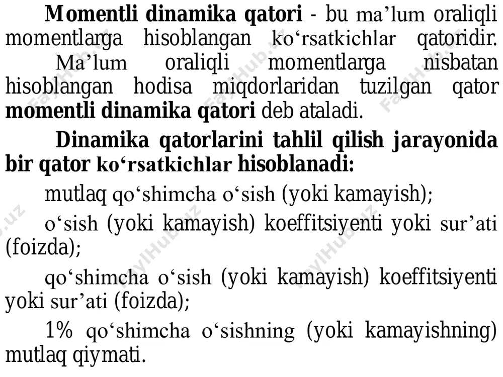 dan ajralishlar, ming birlk 23,8 23,6 hamma kо‘rsatkichlar bitta metodologiya bilan aniqlangan bо‘lishi kerak. masalan, aholi dinamikasini о‘rganmoqchimiz. ma’lumki, aholi mavjud aholi, doimiy aholi, vaqtincha yashovchilar va boshqa toifalarga bо‘linadi. demak, qatorning birinchi hadida doimiy (yoki boshqa toifadagi) aholi soni berilsa, qolgan hadlarda ham faqat shu toifadagi aholi soni berilishi kerak; doimiy aholi soni (2019 yil 1 oktabr holatiga) 2018 y. 2019 y. o'tgan yilga nisbatan o'sish sur'ati, % o'zbekiston respublikasi 33 085,7 33 724,5 101,9 qoraqalpog'iston respublikasi 1 861,3 1 889,8 101,5 viloyatlar: andijon 3 050,6 3 110,1 102,0 buxoro 1 886,3 1 915,9 101,6 jizzax 1 345,2 1 374,4 102,2 qashqadaryo 3 195,1 3 261,2 102,1 dinamika qatorlarining kо‘rsatkichlari hudud bо‘yicha ham taqqoslama bо‘lishi shart. masalan, buxoro viloyati bо‘yicha keyingi 30 yilda erishilgan natijalarni tahlil qilish uchun dinamika qatorlari tuzildi. bu tuzilgan qator hadlarini taqqoslash mumkin emas, chunki keyingi 30 yil ichida buxoro viloyatining hududi о‘zgardi, ya’ni undan …