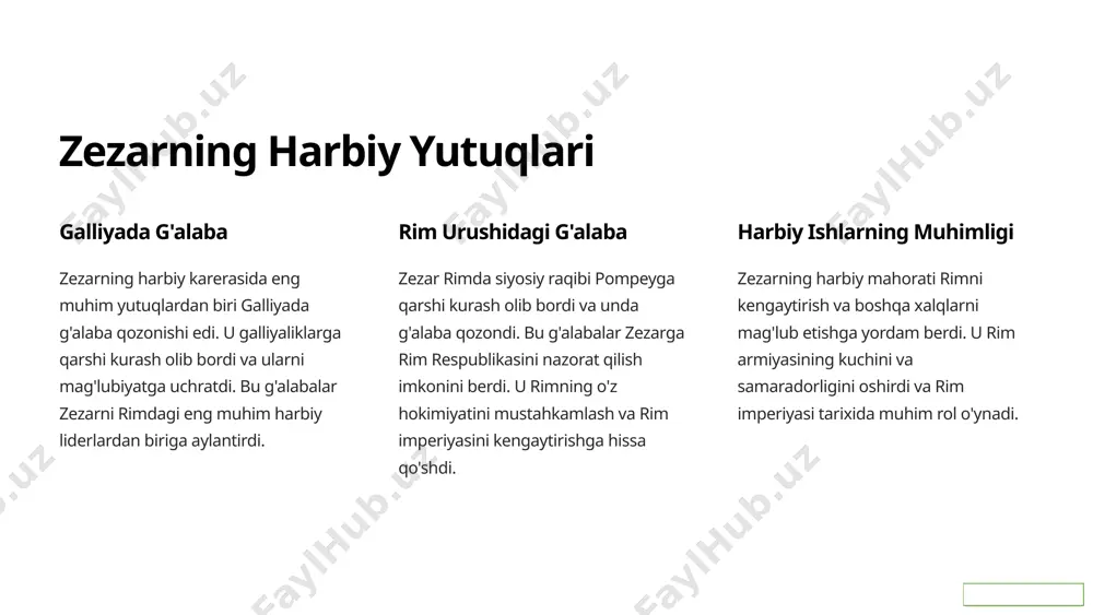 yosatchi yuliy zezar rim tarixida eng nufuzli shaxslardan biri bo'lib, u harbiy yutuqlari, siyosiy mahorati va o'zining islohotlari bilan rim tsivilizatsiyasini shakllantirishda muhim rol o'ynadi. u rim imperiyasining asoschisi sifatida tanildi va uning merosini bugungi kunda ham his qilish mumkin. 11 image1.png image2.png image3.png image4.png image5.png image6.png image7.png image8.png image9.png image10.png image11.png image12.png image13.png image14.png image15.png image16.png image17.png