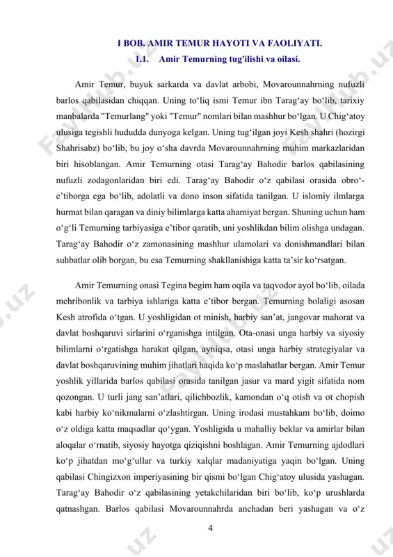 o‘rin tutgan. uning onasi tegina begim unga mehribonlik va sabr-toqatni o‘rgatgan bo‘lsa, otasi tarag‘ay bahodir unga jasorat va aql bilan ish yuritishni singdirgan. yoshligidan buyon temur harbiy yurishlar, siyosiy strategiyalar va davlat boshqaruvi haqida chuqur bilim olishga intilgan. amir temurning kelib chiqishi haqida turli manbalar mavjud bo‘lsa-da, u asosan turkiy va mo‘g‘ul qabilalaridan chiqqan buyuk sarkarda hisoblanadi. uning oilasi islomiy qadriyatlarni hurmat qilgan va diniy bilimlarga e’tibor bergan. temur o‘zining kelajakdagi yurishlarida ham islom dini va adolat tamoyillariga asoslangan boshqaruv tizimini yaratishga intilgan. amir temur, o‘z davrining buyuk sarkardasi va davlat arbobi, tarixda muhim o‘rin tutgan shaxsdir. uning to‘liq ismi temur ibn tarag‘ay bo‘lib, u movarounnahrning qadimgi shaharlaridan biri bo‘lgan keshda (hozirgi shahrisabz) dunyoga kelgan. uning tug‘ilgan sanasi haqida turli manbalar turlicha ma’lumotlar keltiradi, biroq u xiv asrning birinchi yarmida tug‘ilganligi aniq. temurning otasi tarag‘ay bahodir barlos qabilasining nufuzli vakillaridan biri bo‘lib, o‘z qabilasi orasida katta hurmatga ega edi. barlos …