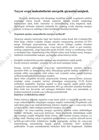 tayyor ovqat mahsulotlarining energetik qiymatini aniqlash — DOCX