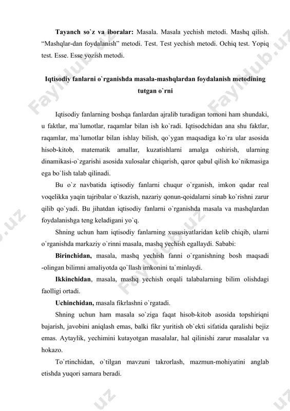 i zarur masalalar va hokazo. to`rtinchidаn, o`tilgаn mаvzuni tаkrоrlаsh, mаzmun-mоhiyatini аnglаb еtishdа yuqоri sаmаrа bеrаdi. masalaning mazmuni bir tomondan hal etilishi lozim bo`lgan narsa, ish, muammo tushunilsa, ikkinchidan, bahs, muhokama, munozara mavzusi, uchinchidan esa ma`lum sonlar va tegishli amallar asosida no-ma`lum sonlarni topish haqidagi matematik vazifa tushuniladi. masala yechish metodi - berilgan raqamlar, dalillar, hujjatlar asosida hisob-kitob qilish orqali noma`lum natijani topish, uni tahlil qilish va xulosa chiqarishni o`rgatuvchi metoddir. masala yordamida fanni o`rganganda aniq raqamlar, dalillar, hujjatlar asosida tahlil qilish imkoniyati keng. undan tashqari modellashtiruvchi o`yin, kichik guruhlarga bo`lish, konkurs o`tkazish va boshqa metodlar asosida dars o`tishda ham masala-mashqlardan keng foydalanish imkoniyati katta. talabalarda malaka, ko`nikma hosil qilishda alohida o`rin tutadigan metodlardan biri bu mashq hisoblanadi. bu metodning samaraliligi eng avvalo mashqlarni amaliyot bilan bog`langanligidir. mashq qilish deganda o`zi o`rganish, malaka hosil qilish uchun qilinadigan ish, tayyorgarlik mashg`uloti va uni takror va takror bajarishni tushnamiz. mashq - inson oldiga …