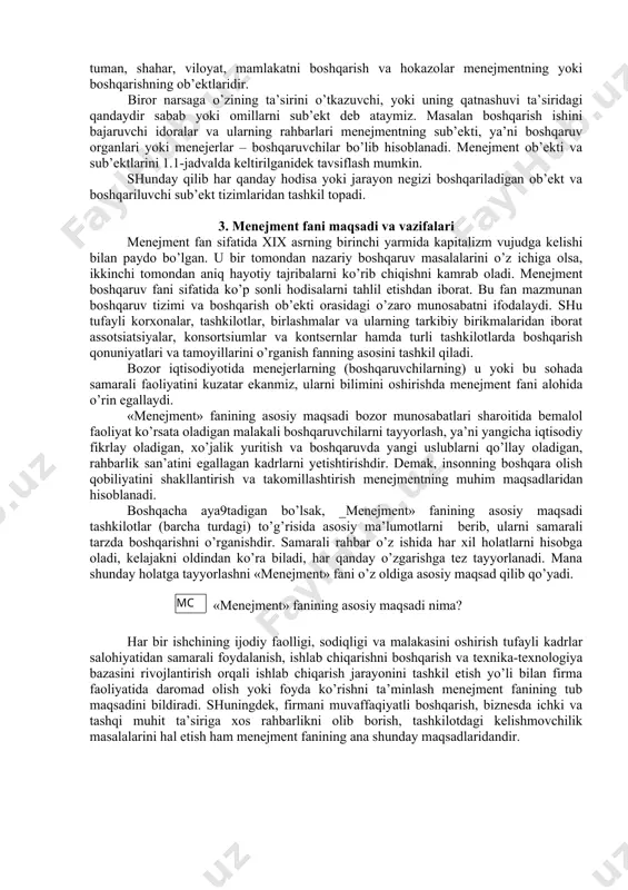 · xo’jalik yoki mudofaa ahamiyatiga ega bo’lgan korxona, qurilish, ayrim uchastka va shu kabilar[footnoteref:1]. [1: узбек тилининг изощли лу\ати. –т.: 1991, 517 бет.] demak, ob’ekt tushunchasi mikro voqelikdan (kishi va uning faoliyatidan) tortib, to makro voqelik (moddiy dunyo, jamiyat) darajasigacha bo’lgan ma’noni o’z ichiga oladi. masalan, «haydovchi o’z mashinasini boshqara ololmaganligi sababli u yo’ldan chiqib ketgan». bu yerda boshqaruv ob’ekti bo’lib mashina hisoblanadi. yoki, «u kishi o’zini juda yaxshi boshqara oladi». bu yerda boshqaruv ob’ekti bo’lib, kishi, shaxs hisoblanadi. futbol komandasi yoki suv kemasi harakatini boshqarish, tuman, shahar, viloyat, mamlakatni boshqarish va hokazolar menejmentning yoki boshqarishning ob’ektlaridir. biror narsaga o’zining ta’sirini o’tkazuvchi, yoki uning qatnashuvi ta’siridagi qandaydir sabab yoki omillarni sub’ekt deb ataymiz. masalan boshqarish ishini bajaruvchi idoralar va ularning rahbarlari menejmentning sub’ekti, ya’ni boshqaruv organlari yoki menejerlar – boshqaruvchilar bo’lib hisoblanadi. menejment ob’ekti va sub’ektlarini 1.1-jadvalda keltirilganidek tavsiflash mumkin. shunday qilib har qanday hodisa yoki jarayon negizi boshqariladigan ob’ekt …