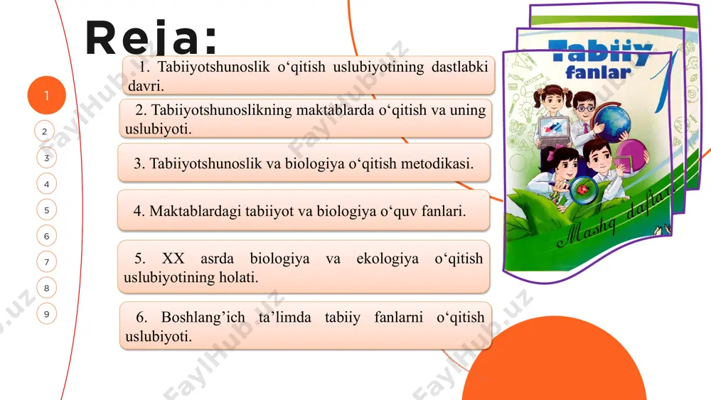 igining eng katta kamchiligi uning mazmunini zamon talablariga mos emasligidir. a.y.gerd xix asrning tabiiyotshunoslikning yirik metodisti sanaladi. uning qayd etishicha maktab tabiiyotshunoslikining asosiy maqsadi o‘quvchilarga rivojlantiruvchi bilim berishdan hamda bilim olishdagi ularning mustaqilligini taraqqiy etdirishdan iboratdir. 5 3 1 4 2 7 6 8 9 a.y.gerd faoliyati tufayli tabiiyotshunoslikni o‘qitish metodikasi pedagogika fanining alohida ilmiy shaxobchasi sifatida e’tirof etila boshlandi a.y.gerd darvin tomonidan asoslangan evolyusion nazariya ta’sirida bo‘lgan va o‘z darsliklariga evolyusion prinsipni joriy etgan. u maktab tabiiyotshunoslik kursi: 1. anorganik dunyo; 2.o‘simliklar dunyosi; 3. «xayvonot dunyosi», «odam», «yer tarixi» kabi o‘quv fanlaridan tuzilgan bo‘lishi kerak deb ta’kidlaydi. 6 3 1 4 2 7 5 8 9 xx asrdagi biologiya o‘qitish metodikasiga v.v.polovsov katta hissa qo‘shdi. u 1907 yili “tabiiyotshunoslikning umumiy metodika asoslari” kitobini nashr qilib, unda metodikaga oid bilimlar sistemasini yoritdi. 1917 yildan boshlab tabiiyotshunoslik fani biologiya fani deb atala boshlandi. 9 3 1 4 2 6 5 7 …