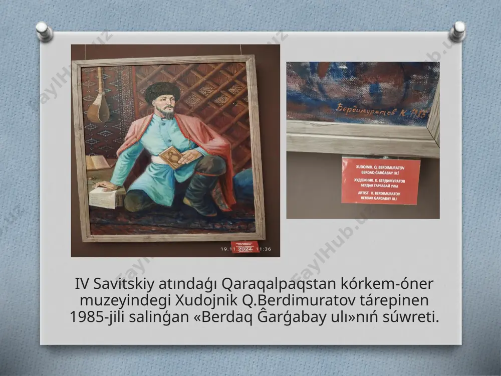 ı, filosofiyalıq baqlawları ulıwma insanıylıq keyipler ruwxında shıńǵırlaydı. qosıq “xalıq ushın” qosıqınıń logikalıq dawamı sıyaqlı tuyuladi. hár bir qosıqtıń bir qatarında adamgershilik ideyaları ullılanadı, xalqqa sadıqlıq menen xizmet etiw joqarı pazıylet ekenligine shaqırıq, shaqiriq bar. jaqsinin uyine adam kop keler jaman bolsa oniń kozi jep keler quri tili menen aģa dep keler bular xizmet etpes esh waqit xaliq ushin shayırdıń basqa social temadaǵı qosıqları awdarmaları da az emes. mısalı, shayırdıń “bolǵan emes”, “salıq”, “qaramas”, “ko'rindi”, “ayralıq”, “jaz kelermi?”, “umrim” degen qosıqlarında azap-aqıretlerge mahkum etilgen lirik qaharmandıń qayǵı o'kinchlari, kórimleri, insandı mánisi boyınsha kewilge tiyiwlegen ótken zaman zamange jerkenishi narazılıq sesler uyǵınlıǵıında kórsetilgen. shayır kewilin ortaǵan nadanlıq, ǵam-ruwxıy azap, xalıq basına túsken bále-qadalar, tınıshsızlanıwlar qosıqlardıń ideologik mazmun baǵdarın quraydı. berdaq miyraslarınıń úlken bólegi dástan hám poemalardan ibarat. “omongeldi” poemasidagi omongeldi, “ernazar biy” poemasidagi yernazar biy obrazları, “shejire”dagi qatar tariyxıy shaxslar, qalalar, urıwlar, bay hám biylar, jo'g'rofiy atamalarǵa tiyisli maǵlıwmatlar, olar menen …