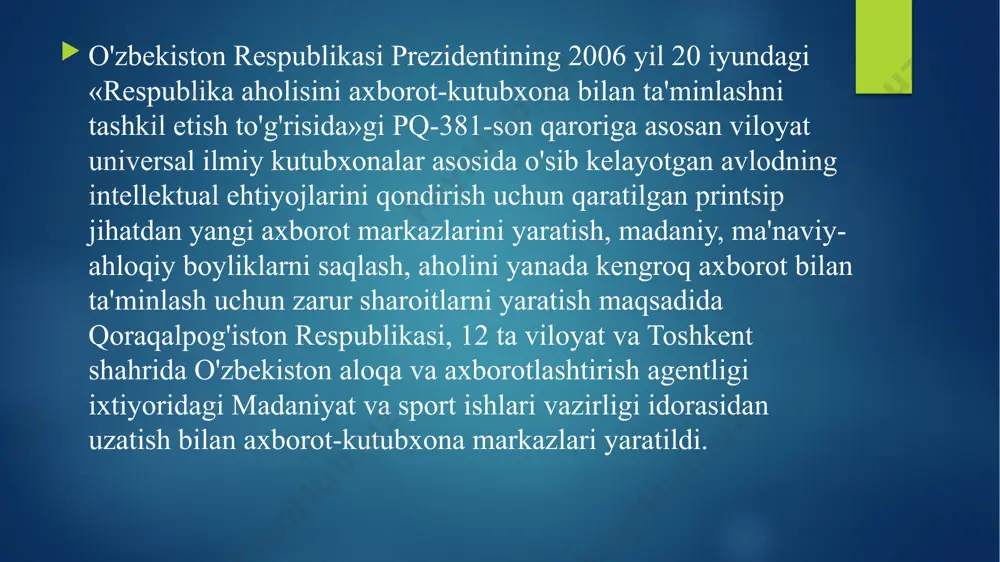 ni ta’minlash; qishloq aholisiga kutubxona xizmati ko‘rsatish tizimini tashkil etish choralari to‘g‘risida tadbirlar rejasi loyihasini tayyorlash va amalga oshirish; mamlakatimizda internet orqali zarur adabiyotlarni topish va xarid qilish imkonini beradigan ereader elektron o‘quv qurilmalarini ishlab chiqarishni tashkil etish, ularning axborot bazasiga umumta’lim maktablari, akademik litsey va kasb-hunar kollejlari, oliy o‘quv yurtlari uchun darsliklar, o‘quv qo‘llanmalari, o‘quv-uslubiy, ilmiy-nazariy manbalarni joylashtirish, bunday mahsulotlarni arzon narxlarda sotib olish mexanizmlarini yo‘lga qo‘yish bo‘yicha takliflar tayyorlash; mazmunan sayoz, milliy ma’naviyat va qadriyatlarimizga, axloq me’yorlariga mos kelmaydigan, yoshlar tarbiyasiga salbiy ta’sir ko‘rsatishi mumkin bo‘lgan adabiyotlarni tayyorlash, bosib chiqarish va tarqatishning oldini olish choralarini ko‘rish; kitob mutolaasi va kitobxonlik madaniyatini oshirishga doir targ‘ibot ishlarini tizimli va samarali tashkil etish, bu borada kitobxonlar, kutubxonachi va targ‘ibotchilar o‘rtasida “eng kitobxon maktab”, “eng kitobxon mahalla”, “eng kitobxon oila”, “eng faol kutubxonachi” kabi ko‘rik-tanlovlarning saralash va respublika bosqichlarini yuqori saviyada o‘tkazishni yo‘lga qo‘yish o‘zbekiston respublikasi prezidentining qarori o‘zbekiston respublikasi aholisiga axborot-kutubxona …
