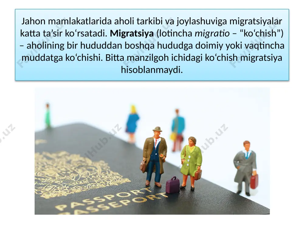 arda yashayotgan oila a’zolarining o‘zaro birlashuvi borasida amalga oshadi. etnik va diniy migratsiyalar deganda, ma’lum millat yoki din vakillarining boshqa davlat yoki hududga ko‘chishi tushuniladi. siyosiy migratsiyalar urush yoki siyosiy inqiloblar natijasida ro‘y beradi. ekologik migrantlar tabiiy muhitning buzilishi tufayli yashash hududini tark etadilar. bundan tashqari, aholi migratsiyalari ixtiyoriy va majburiy, tashkillashtirilgan va tashkillashtirilmagan kabi turlarga ham bo‘linadi. hozirgi vaqtda eng katta migratsiya to‘lqini rivojlana-yotgan mamlakatlardan rivojlangan mamlakatlarga tomon yo‘nalgan (8-rasm). bunda eng ko‘p xorijiy migrantlarni aqsh qabul qiladi. oxirgi yillarda bu davlatdagi immigrantlar soni 45 mln kishidan oshgani qayd etilgan. g‘arbiy yevropa davlatlari orasida esa eng ko‘p immigrantlar germaniya, buyuk britaniya va fransiyaga kelgan. bu davlatlarning har birida 7–10 mln immigrant yashamoqda. g‘arbiy yevropaga immigrantlarning asosiy qismi janubi-g‘arbiy va janubiy osiyo, shimoliy afrika hamda sharqiy yevropa davlatlaridan bormoqdalar. boshqa rivojlangan davlatlardan avstraliya, kanada, yangi zelandiya, isroil va jar ko‘plab xorijiy migrantlarni qabul qilmoqda. shunday ekan, barcha rivojlangan davlatlarda migratsiya …