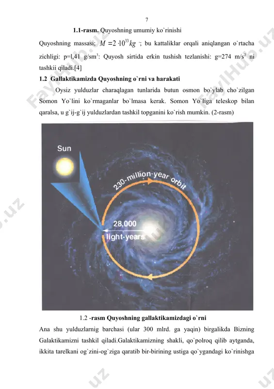 uning markazidan taxminan 28 000 yorug`lik yili masofada quyosh sistemasi joylashgan. galaktikamizning bizga eng yaqin joylashgan yulduzigacha masofa 4,3 yorug`lik yiliga, bizdan eng uzoq qismlarigacha masofa salkam 80 ming yorug`lik yiligacha boradi.[5] galaktikamiz strukturasi elementlari bilan oldingi paragraflarda tanishgan ma`lumotlarimizni umumlashtirsak, u markaziy quyulmadan, spekralyenglardan yoki shoxobchalardan va disk kabi tashkiliy qismlardan iborat ekanligi ayon bo`ladi. galaktikamizning markaziy quyulmasi qavs yulduz turkumiga proyeksiyalanib, u bu yo`nalishdagi mavjud qora-nur o`tkazmaydigan gaz-chang moddadan tashkil topgan noshaffof materiya tufayli bizga ko`rinmaydi. infraqizil nurlarda uni kuzatganda, markaziy quyilmaning burchak o`lchami 28°xl8° atrofida bo`lib, taxminan 4,8x3,1 kpk chiziqli o`lchamga mos keladi. galaktikamiz sinfiga ko`ra spiral galaktika bo`lib, u s6-sinfga mos keladi. uning markazida o`lchami 10 pk atrofidagi o`lchamga ega bo`lgan sharsimon to`daga o`xshash tez aylanuvchi obyekt kuzatiladi. aftidan u, quyuq gaz-chang materiya bilan o`ralgan hamda ultrabinafsha va ko`zga ko`rinadigan nurlarni kuchli yutadigan o`ta zich yulduzlar to`dasidir. shuningdek, u tabiati jihatidan bizga hozircha butunlay noma`lum obyekt …