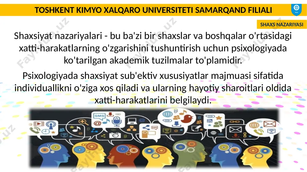 oldindan bilishga ham intiladi. shaxs nazariyasi toshkent kimyo xalqaro universiteti samarqand filiali shaxsiyat nazariyalari tadqiqotchilar va nazariyotchilarga inson mavzusining mohiyatini tushunish imkoniyatini beradi, ular doimo so'raydigan ritorik savollarga javob topishga yordam beradi. shaxs - bu ko'p qirrali tuzilma va inson xatti-harakatlarining indivudalligini, vaqtinchalik va situatsion barqarorligini ta'minlaydigan ko'p qirrali psixologik xususiyatlar tizimidir. shaxs nazariyasi toshkent kimyo xalqaro universiteti samarqand filiali e'tiboringiz uchun rahmat!!! shaxs nazariyasi image1.png image2.png image3.jpeg image4.png image5.jpeg image6.jpeg image7.jpeg image8.jpeg image9.jpeg image10.jpeg image11.png image12.jpeg image13.jpeg image14.jpeg image15.jpeg image16.png image17.jpeg image18.jpeg image19.jpeg image20.jpeg healthcare,concept,of,professional,psychologist,doctor,consult,in,psychotherapy,session /docprops/thumbnail.jpeg