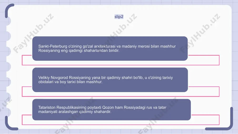 lgan va rossiyaning eng qadimgi shaharlaridan biridir. qozon 13-asrda tashkil etilgan va tatar va rus madaniyatlarining o'ziga xos uyg'unligi bilan mashhur. vladimir o'rta asrlarda rossiyaning yirik markazi bo'lgan va o'zining ajoyib me'moriy yodgorliklari bilan mashhur. 11-slayd rossiyaning qadimiy shaharlari tarix va madaniyatga boy. slide11 ushbu shaharlardan birini ko'rsatadi. shahar o'zining ajoyib me'morchiligi va diqqatga sazovor joylari bilan mashhur. ushbu shaharga tashrif buyurish sizni rossiyaning qadimgi davriga qaytaradi. 1 2 3 12-slayd qadimgi novgorod shahri tarixiy yodgorliklar va arxitektura durdonalari to'plami bilan mashhur. bu erda 11-asrga oid ajoyib avliyo sofiya sobori joylashgan. rossiyaning yana bir diqqatga sazovor qadimiy shahri suzdal bo'lib, u o'zining yaxshi saqlanib qolgan o'rta asr me'morchiligi va an'anaviy rus jozibasi bilan mashhur. e'tiboringiz uchun rahmat