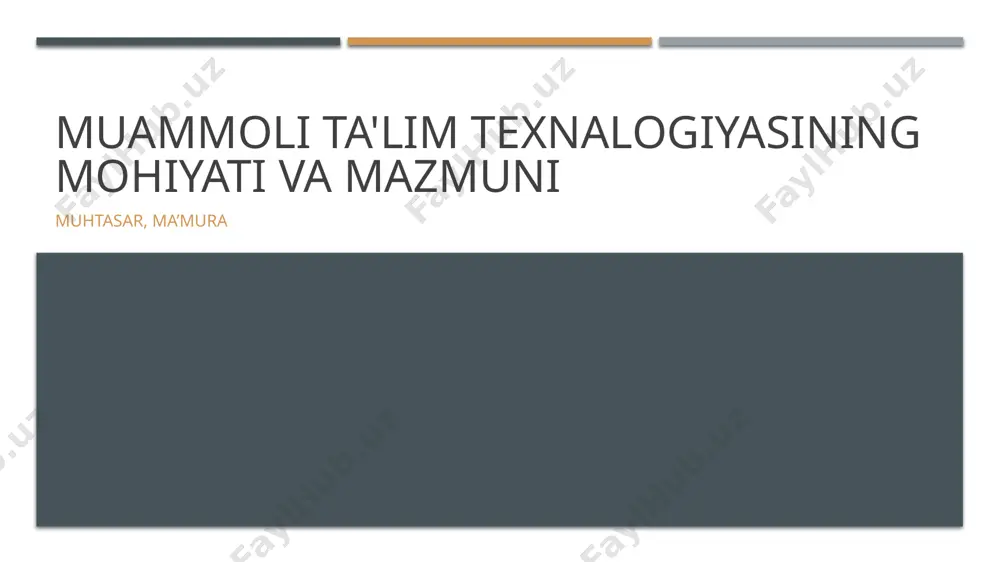 ha asosida amaliy loyiha asosida muammoli ta'lim, o'quvchilarga real hayotdagi vaziyatlarni hal qilish imkoniyatini beradi, bu esa ularning ijodkorligini oshiradi va bilimlarni amaliyotga tatbiq etadi. o'qituvchilar uchun yangi yondoshuv muammoli ta'lim, o'qituvchilarga o'quvchilar bilan yaqin hamkorlikda ishlash, ularni yo'naltirish va qo'llab-quvvatlash imkonini beradi, bu esa o'qituvchining rolini yangilaydi. texnologiyaning roli muammoli ta'lim texnologiyalari, masalan, onlayn platformalar va interaktiv vositalar, o'quvchilarning bilimlarni yanada chuqurroq o'zlashtirishiga yordam beradi va ta'lim jarayonini samarali qiladi. muammoli ta'lim texnalogiyasining asosiy tamoyillari va afzalliklari. 1 asosiy tamoyillar muammoli ta'lim texnalogiyasining asosiy tamoyillari: o'quvchilarni muammolar orqali o'rganishga jalb qilish, mustaqil fikrlash va hamkorlikni rivojlantirish. 2 innovatsion yondoshuv muammoli ta'lim innovatsion yondoshuvlar orqali o'quv jarayonini yangilaydi, yangi metodlar va texnologiyalarni qo'llash orqali o'quchilarni faol ishtirok etishga undaydi. 3 ta'limdagi afzalliklar muammoli ta'lim texnalogiyasining afzalliklari: tanqidiy fikrlashni mustahkamlash, muammolarni hal qilish ko'nikmalarini rivojlantirish va o'quvchilarning o'z-o'zini baholash qobiliyatini oshirishdir. muammoli ta'lim texnalogiyasining o'quv jarayonidagi roli va ahamiyati. 1 muammoli …