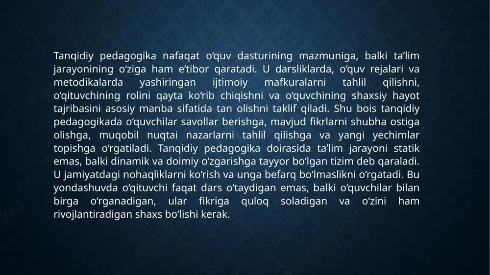 g‘oyasiga asoslanadi. inklyuziv yondashuv jamiyatdagi har xil guruhlarning, ayniqsa, chetlab o‘tilgan yoki kamsitilgan qatlamlarning imkoniyatlarini kengaytiradi. bu nogironligi bor shaxslar, milliy ozchiliklar, til jihatdan farq qiluvchi insonlar, ayollar, qashshoqlikda yashovchilar yoki boshqa sabab bilan marginal holatda bo‘lgan shaxslarni ham o‘z ichiga oladi. tenglik va inklyuziya targ‘iboti nafaqat rasmiy siyosat darajasida, balki ijtimoiy ong, madaniyat va kundalik amaliyotlar orqali amalga oshirilishi kerak. bu yo‘lda maktablar, universitetlar, oav, ijtimoiy tarmoqlar va fuqarolik jamiyati tashkilotlari muhim rol o‘ynaydi. masalan, ta’lim muassasalarida barcha o‘quvchilarga bir xil sharoitlar yaratish, darslik va materiallarda madaniy xilma-xillikni e’tirof etish, nogironligi bor bolalar uchun qulay muhit yaratish inklyuziv yondashuvning amaliy ko‘rinishidir. tenglik va inklyuziya jamiyatda ijtimoiy birdamlikni kuchaytiradi, diskriminatsiya va chetlanishni kamaytiradi, har bir fuqaroning o‘z salohiyatini yuzaga chiqarishiga yordam beradi. bunday muhitda har kim o‘z fikrini ochiq ifoda eta oladi, o‘z huquqlarini himoya qilishga jur’at topadi va jamiyat taraqqiyotiga hissa qo‘shadi. tenglik va inklyuziya jamiyat taraqqiyoti uchun asosiy …