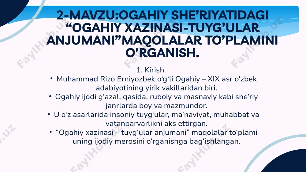 llarini o‘z ijodida mahorat bilan qo‘llagan. uning fors tilidagi she’rlari quyidagi xususiyatlarga ega: mavzu doirasi kengligi – ishq, axloqiy pand-nasihat, falsafiy mushohadalar va tarixiy voqealar asosiy mavzular hisoblanadi. badiiy shakl rang-barangligi – forsiy ijodida g‘azal, qasida, ruboiy kabi janrlardan foydalanilgan. tarjimasi va adabiy ta’siri – uning forsiy ijodi o‘zbek adabiyoti rivojiga ijobiy ta’sir ko‘rsatgan va boshqa shoirlar uchun ham ilhom manbai bo‘lgan. muhammad rizo ogahiy o‘zbek adabiyotining beqiyos namoyandalaridan biri bo‘lib, uning forsiy merosi ham alohida ahamiyatga ega. shoirning fors tilidagi asarlari, ayniqsa "miftohu-t-tolibin" va "axloqu-l-muhsinin" kabi asarlari, adabiy merosga kiritilgan muhim vositalar sifatida qadrlanadi. uning ijodidagi badiiy shakllar, axloqiy va ma’rifiy mavzular, forsiy adabiyotning an’analariga bo‘lgan hurmat, uni o‘z zamonasining ilg‘or shoirlaridan biri sifatida ajratadi. ogahiyning forsiy merosi faqatgina fors adabiyoti bilan bog‘liq emas, balki u o‘zbek va fors tillari o‘rtasidagi madaniy aloqalarni mustahkamlashga xizmat qilgan. uning asarlari, zamonaviy adabiyotshunoslikda ham o‘rganilishi davom etmoqda va bu uning adabiyotimiz rivojiga …