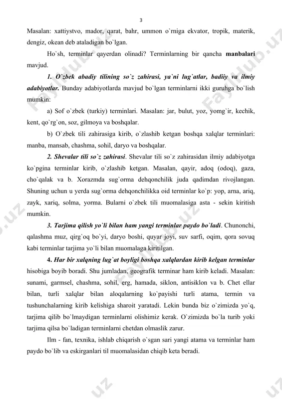 jima qilsa bo`ladigan terminlarni chetdan olmaslik zarur. ilm - fan, texnika, ishlab chiqarish o`sgan sari yangi atama va terminlar ham paydo bo`lib va eskirganlari til muomalasidan chiqib keta beradi. geografik terminlarni shartli ravishda ilmiy, xalq (mahalliy), baynalmilal, toponimik va tarjima terminlarga bo`lish mumkin. milliy terminlar biror millatning adabiy tilida va ilmiy adabiyotlarida barqaror o`rin olgan hamda mazkur millat vakillarining ko`pchiligi tushunadigan terminlardir. bularga tog`, tekislik, dara, ko`l, soy, dara, vodiy, jar, cho`qqi, g`or, sel, bulut, yomg`ir, qor, ko`chki, dovon va boshqalar misol bo`la oladi. mahalliy terminlar ma`lum hududda, biror shevada qo`llaniladigan terminlar bo`lib, ularni boshqa shevasidagilar, boshqa hududdagilar tushunmasligi mumkin. masalan, xorazm shevasidagi yop, arna, zayk, xariq, solma, yorma terminlari, qashqadaryo va surhondaryo viloyatlari tog`li yerlarda gaza, adoq, xovar kabi terminlar uchraydi. baynalmilal terminlar boshqa xalqlar tilidan kirgan bo`lib, ko`pchilik xalqlarda bir xil qo`llaniladi. bunga fan nomi geografiyani, lyoss, geyzer, karst, delta, artezian suv, siklon, antisiklon, fyon, kondensatsiya yadrosi, kristall …