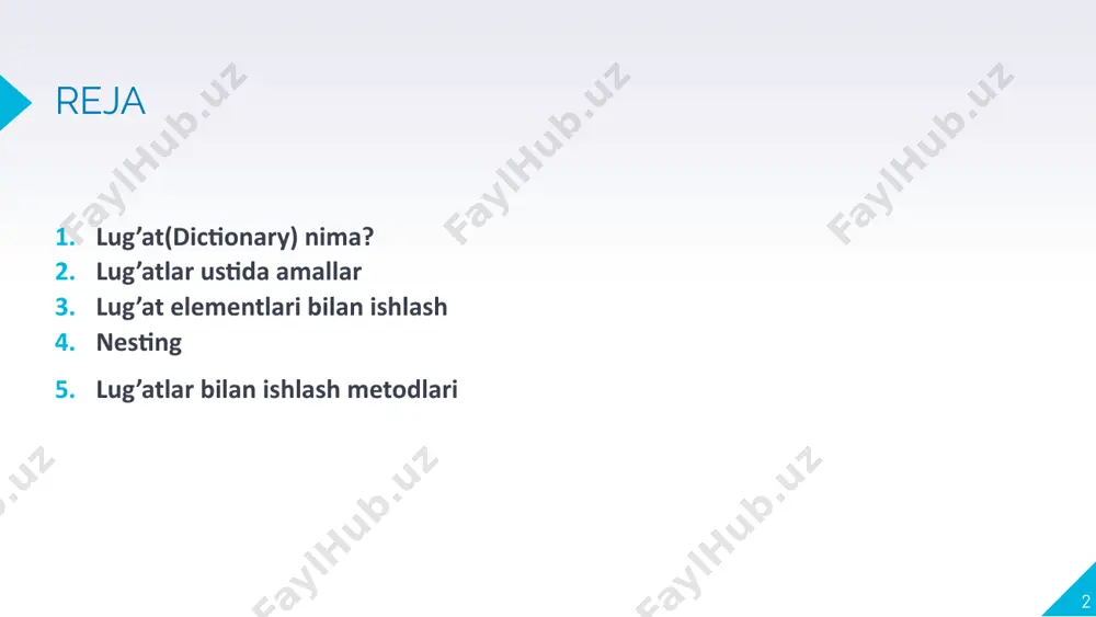 ’atlar bilan ishlash demak, pytonda lug'at kalit so'z-qiymat juftliklarining yi'ginidisi ekan. lug'atdagi biror qiymatni ko'rish uchun unga kalit so'z orqali murojat qilamiz: car_0 = {'model':'ferrari','rang':'qizil'} print(car_0['model’]) # ferrari print(car_0['rang’]) # qizil lug'atdagi qiymatlar son (`int`, `float`), matn (`string`), ro'yxat (`list`, `tuple`, `set`) va hatto boshqa lug'at ham bo'lishi mumkin. 8 lug’atlar bilan ishlash talaba_0 = {'ism':'murod olimov','yosh':20,'t_yil':2000} print(f"{talaba_0['ism'].title()},\ {talaba_0['t_yil']}-yilda tu'gilgan,\ {talaba_0['yosh']} yoshda") murod olimov, 2000-yilda tu'gilgan, 20 yoshda 9 lug’atlar bilan ishlash lug'aga yangi kalit so'z va qiymatlar qo'shishimiz ham mumkin. keling, yuqoridagi talaba_0 nomli lu'gatga yana 2 ta yangi, kurs va fakultet nomli, kalit so'zlar va qiymatlar qo'shamiz: talaba_0['kurs'] = 4 # yangi, 'kurs' nomli kalit so'zga 4 qiymatini yuklaymiz talaba_0['fakultet'] = 'informatika’ # 'fakultet' ga esa 'informatika’ lug'atni konsolga chiqarib ko'ramiz: print(talaba_0) {'ism': 'murod olimov', 'yosh': 20, 't_yil': 2000, 'kurs': 4, 'fakultet': 'informatika'} 10 lug’atlar bilan ishlash ba'zida dastur boshida bo'sh lug'at yaratib, dastur davomida lug'atga yangi ma'lumotlar …