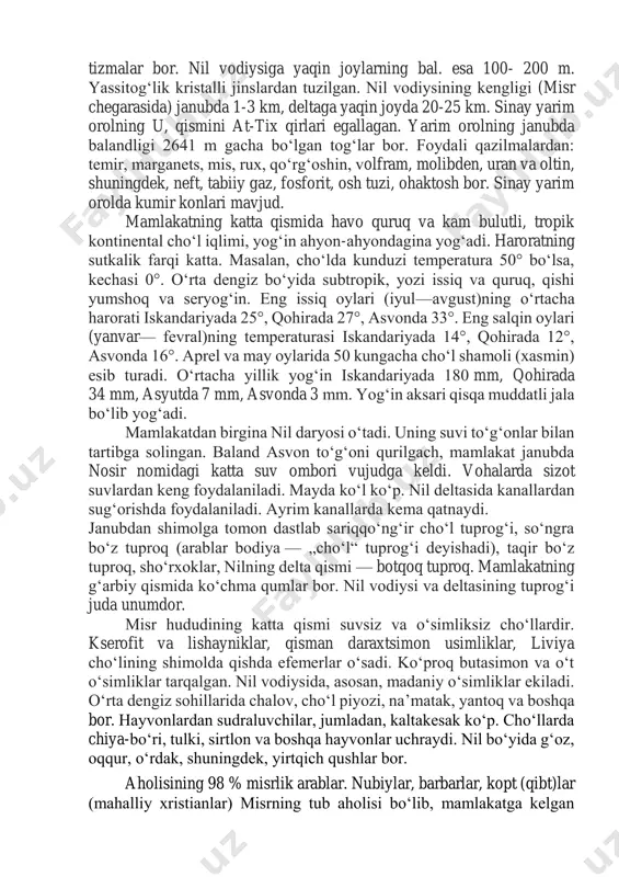 qaram boʻlgan. 1113-yil salib yurishi qatnashchilari misrga bostirib kirdi. shimoliy suriya va iroqdagi saljuqiylar noibi nuriddin mahmud ibn zangi (1146—74) salibchilarga qarshi kurashda fotimiy xalifa adid (1160—71) ga katta yordam berdi. buning evaziga xalifa uni vazir qilib tayinladi (1169). 1171-yil ayyubiylar sulolasi (1171—1250)ning asoschisi salohiddin taxtga chiqdi. 1174-yil esa u sulton nomini oldi. 1187-yilda suriya va misr harbiy kuchlari birlashib, salibchilarga qaqshatqich zarba berdi va falastin bilan suriyani ulardan ozod qildi. misrda xiii-asr yarmigacha ayyubiylar, xiv—xv- asrlarda mamluklar hukmronlik qildi. 1517-yilda turk sultoni salim i misrni egallab, uni usmonli turk davlati tarkibiga qoʻshib oldi. xviii-asr 2-yarmidan usmonli turk saltanati tanazzulga uchray boshladi. bundan foydalangan mamluk beklaridan alibey mustaqil davlat tuzishga erishdi (1769), alibeyning vafotidan soʻng taxt uchun kurash kuchaydi. xviii-asr oxiri — xix-asr boshlarida fransiya va angliya misrni bosib olishga harakat qildilar. 1798-yilda misrni napoleon armiyasi egalladi. 1801-yilda ingliz floti fransuz floti ustidan gʻalabaga erishdi. 1805-yilda hokimnyat muhammad ali posho …