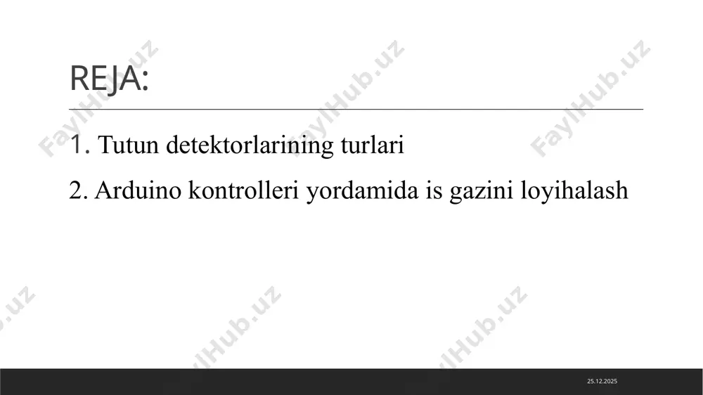 rali assimilyatsiya qilish uchun yaxshi aerodinamik xususiyatlarni ta'minlash kerak. 29.01.2024 tutunni aniqlashda biz bir nechta vositalardan foydalanishimiz mumkin. albatta bunday vositalar judayam ko’p hisoblanadi. ulardan keng foydalaniladiganlaridan biri arduino kontrolleridir. arduino - bu unchalik katta bo‘lmagan plata bo‘lib o‘zining protsessori (mikrokontrolleri) va xotirasiga ega bo‘lgan qurilma hisoblanadi. arduino mutloq ochiq arhitektura. undagi barcha loyihalar qismlari (asosan dasturiy taminot) ochiq tarqatiladi. u oʻzining platasi va ide-dasturlash muhiti ga ega. arduino platasi-bu mahsus oʻzida mikrokontroller va boshqa elektronik qurilmalarni mujassamlashtirgan elektron qurilma. uning ishlatilish maqsadiga qarab hozirgi kunda bir-turlari mavjud. 29.01.2024 1-rasm. arduino uno arduino ning ko‘plab turlari mavjud bo‘lib bularga misol qilib: arduino yun, arduino uno, arduino duemilanove, arduino diecimila, arduino nano, arduino mega, mega 2560, mega adk, arduino leonardo, arduino micro va h.k larni olishimiz mumkin. arduino robototexnika va elektronikiga qiziquvchi va izlanuvchi yoshlarga juda qo‘l keladi chunki bu qurilmada kichik va katta bo‘lgan dastur, algoritmlar yaratgan holda xar hil …