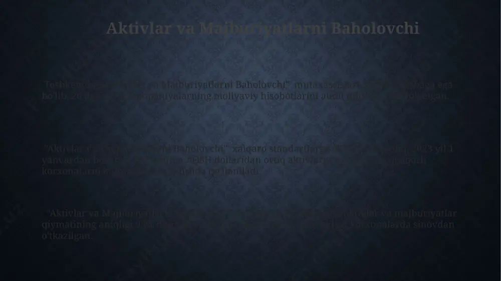 ан юқори бўлган инвестициялар алоҳида таҳлил қилиниши лозим. ozchilik ulushlarini hisoblash oʻzbekistondagi 2023-yilgi hisobotlarga koʻra, 50% dan ortiq ulushga ega boʻlgan shoʻba korxonalarining aktivlari konsolidatsiya qilingan hisobotlarda toʻliq aks ettiriladi, bu esa xalqaro standartlarga muvofiqdir. samarqand viloyatida joylashgan korxonalarning 20-49% oraligʻidagi ulushlari, hisobotlarga proportsional konsolidatsiya usuli yordamida kiritiladi, bu esa investitsiyalar boʻyicha aniq ma’lumot olish imkonini beradi. toshkent shahridagi yirik kompaniyalar 10% dan kam ulushga ega boʻlgan shoʻba korxonalarni ulush usuli bilan hisobga oladi, bu esa daromadlar va xarajatlarning aniq aks ettirilishiga yordam beradi. qonuniy bazalar va standartlar халқаро молиявий ҳисобот стандартлари (ifrs)га асосан, 100% дан камроқ улушга эга бўлган қўшимчалардаги инвестицияларни баҳолаш учун 2 та асосий усул – улушли ва умумий усуллар қўлланилади. бу тошкентдаги кўплаб компаниялар учун муҳим. ўзбекистон республикаси президентининг 2022 йилдаги фармонлари, давлат корхоналарининг консолидациялашган ҳисоботларини тайёрлаш бўйича 5 та асосий талабни белгилаб берди, улар халқаро стандартларга мувофиқ келиши керак. ўзбекистон республикасидаги 145-сонли “бухгалтерия ҳисоби тўғрисида”ги …