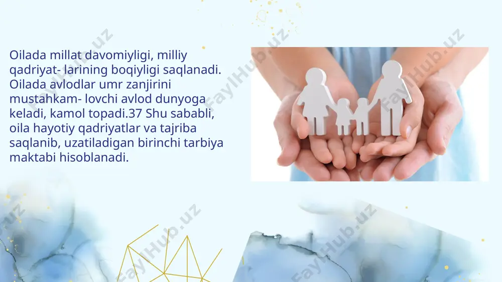 iyat taraqqiyotining hozirgi bosqichida inson hayotining barcha sohalarida jadal oʻsish va oʻzgarishlarni kuzatish mumkin. keskin ijtimoiy, iqtisodiy, siyosiy, ma'naviy va axloqiy oʻzgarishlar jamiyat rivojlanishining yangi bosqichiga oʻtgan degan fikrni tobora koʻproq tasdiqlamoqda. bu, ayniqsa, oila va oilaviy munosabatlarning inqirozida aks etgan qiymatlar tizimidagi oʻzgarishlarning namoyon boʻlishida yaqqol ko'rinadi oila ijtimoiy buyurtmaning birligi va ijtimoiy munosabatlar majmuasining oʻziga xos markazi sifatida tarbiyaning muhim vositasi sifatida paydo boʻladi va kelajak avlodning ma'naviy, axloqiy asoslarini rivojlantirish sohasidir. shaxni shakllantirishning murakkab va eng muhim jarayoni oilada koʻplab yoʻnalishlarida yotadi, masalan: mehnat, axloqiy, jismoniy va estetik tarbiya. hayotiy qarashlar faqat oilada shakllanadi, lekin shaxsiyatning qirralari azaliy va ma'naviy qadriyatlarni izchil tanishtirish orqali rivojlanadi. faqatgina oilada bola birinchi marta qadriyatlarni, me'yorlarni, fikrlash uslublarini, tilni oʻrganadi. jamiyatning ijtimoiy tizimi (nikoh va oila). bugungi kunda pedagogika fani bola shaxsini rivojlantirishda oilaviy ta'limning shubhasiz ustuvorligini koʻrsatmoqda. ijtimoiy qadriyatlar va oilaning oʻziga xos muhiti bu toʻlaqonli tarbiya uchun muhimmi, bolaning …