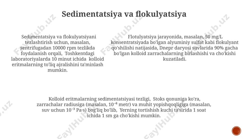 olimlarining ma'lumotlariga ko'ra, membranalarning suv o'tkazuvchanligini o'rganishda qo'llaniladi. kolloid zarrachalarining kattaligi va shakli kolloid zarrachalarning shakli turlicha bo'lishi mumkin: sferik, tayoqsimon, plastinkasimon, masalan, shveysariya olimlarining tadqiqotida turli shakldagi oltin nanozarrachalari o'rganilgan. suvda erigan polimerlarning molekulyar og'irligi 10⁴ dan 10⁶ daltonlargacha bo'lishi mumkin, bu esa ularning kolloid eritmalarda hosil qilishi mumkin bo'lgan zarrachalarning o'lcham va shakliga ta'sir qiladi. masalan, aqshda o'tkazilgan tadqiqotlar ushbu omilni ko'rsatdi. kolloid zarrachalarining o'lchamlari odatda 1 nanometrdan 1 mikrometrgacha, ya'ni 10⁻⁹ dan 10⁻⁶ metrgacha bo'lib, bu ularni optik mikroskopda ko'rishni qiyinlashtiradi, masalan, süt tarkibidagi yog' tomchilarining o'lchamlari shunga mos keladi. e'tiboringiz uchun rahmat @taqdimot_robot image1.png image2.png image3.png image4.png image5.png image6.png