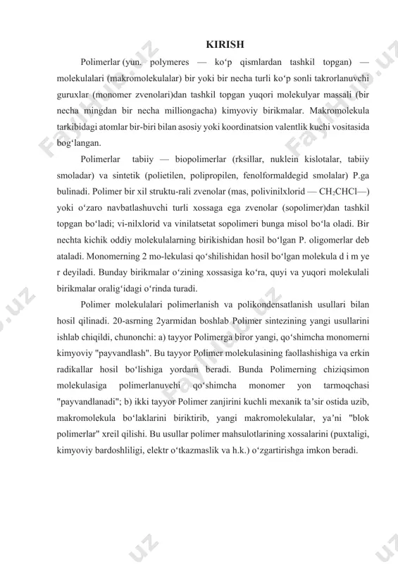 otlarining xossalarini (puxtaligi, kimyoviy bardoshliligi, elektr oʻtkazmaslik va h.k.) oʻzgartirishga imkon beradi. 1. polimerlarning mexanik mustahkamligi yuqori molekulyar birikmalar makromolekula zanjirining tuzilishiga qarab karbozanjirli va geterozanjirli sinflarga bo’linadi. karbozanjirli polimerlar o’z navbatida quyidagi gruppalarga bo’linadi: 1. to’yingan poliuglevodorodlar; 2. to’yinmagan poliuglevodorodlar; 3. poliuglevodorodlarning galloidli hosilalari; 4. polispirtlar va ularning hosilalari; 5. polikarbon kislotalar va ularning hosilalari; 6. poliaminlar va ularning hosilalari; 7. polialdegid va poliketonlar; 8.poliaromatik birikmalar. geterojanjirli polimerlar quyidagi gruppalarga bo’linadi: 1. zanjirida kislorod tutgan polimerlar: a) oddiy va murakkab sintetik poliefirlar; b) selyuloza va uning hosilalari. 2. zanjirida azot tutgan polimerlar 3. zanjirida oltingugurt tutgan polimerlar. 4. elementorganik polimerlar. polimerlarni turli sinf va gruppalarga bo’lishning bu sxemasiga ularning tarkibi asos qilib olinganligi tufayli bu erda chiziqli, tarmoqlangan va to’rsimon yuqori molekulyar birikmalar alohida gruppalarga ajratilmagan. bunday polimerlar o’z kimyoviy tarkibiga ko’ra yuqoridagi gruppalardan biriga kiradi. karbozanjirli yuqori molekulyar birikmalar, asosan, to’yinmagan – olefin, diolefin va asetilen bog’larining uzilishi …