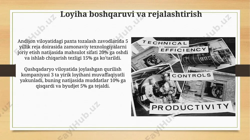 hi sarfini 20% ga kamaytirdi va mahsulot sifati 10 balldan 8 ballga yaxshilandi. atrof-muhitni muhofaza qilish va ekologik xavfsizlik ўзбекистоннинг фарғона водийсидаги 10 тадан ортиқ кичик корхона энергия тежовчи технологияларни жорий этиш орқали ишлаб чиқариш жараёнида углерод оқимини 15% га камайтиришга эришди. тошкент шаҳридаги 5 та йирик корхона 2023 йилда чиқиндиларни қайта ишлаш бўйича 30% гача самарадорликка эришиш мақсадини қўйган ва бу экологик хавфсизликни оширади. raqobatbardoshlikni oshirish strategiyasi 2023-yil hisobotlariga ko'ra, toshkentdagi korxonalarning 15%i raqobatbardoshlikni oshirish uchun avtomatlashtirish tizimlarini joriy etgan va natijada mahsulot chiqarishni 20% ga oshirgan. xitoyning ilg'or texnologiyalarini qo'llash orqali samarqanddagi to'qimachilik fabrikasi 30% ga kamroq xomashyo sarflab, mahsulot sifatini 10 ballga yaxshilashga erishdi, bu raqobatbardoshligini sezilarli darajada oshirdi. ishlab chiqarish samaradorligini rejalashtirishning asosiy tushunchalari ishlab chiqarish samaradorligini rejalashtirishda, masalan, toyota production system (tps) kabi 5s tizimi yordamida 30% gacha chiqindilarni kamaytirish va ish samaradorligini 15% ga oshirish mumkinligi aniqlangan. o'zbekistondagi to'qimachilik korxonalarida amalga oshirilgan tadqiqotlar shuni …