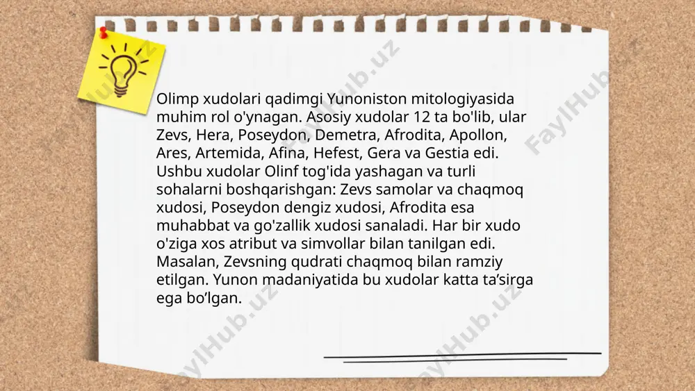 imgi gretsiyada ayollar sport musobaqalarini o‘z ichiga olardi. hera, shuningdek, sevimli kutubxona va teatr spektakllarining ko‘p sonli mavzusi bo‘lib, u erda ko‘pincha zevs bilan bo‘lgan munosabatlarida rashkchi va o‘rni berkitilmagan ayol sifatida tasvirlanadi. hera o‘z vazifalari va rollsari orqali oilaviy qadriyatlarni targ‘ib qilgan. ... t.me/slaydai_bot 10. hermes va elchilar xudosi hermes qadimgi yunon mifologiyasida elchilar xudosi bo'lib, tezkorlik, savdo va sayohat xudosi hisoblanadi. u zefs va maja ning o'g'li, va odatda qanotli sandal va uzun tayoq bilan tasvirlanadi. hermes o'limdan keyin ruhlarni yer osti dunyosiga olib borish vazifasini bajarar edi. shuningdek, u o'g'rilar va xabarlar xudosi sifatida ham tanilgan. rim mifologiyasida merkuriy deb ataladi. hermesning tezkorligi tufayli yunon va rim madaniyatlarida katta ahamiyatga ega bo'lgan tirikchilik, diplomatiya va aloqa sohalarida ilhom manbai bo'lib xizmat qilgan. uning ramzlari xabarlarni, savdo ishlarini va yo'ldagi xavfsizlikni ifodalaydi. ... t.me/slaydai_bot poseydon — qadimgi yunon mifologiyasida dengiz, yer silkinishlari va otlar xudosi. poseydon kron va …