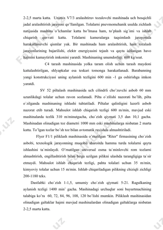 nasida o’rnatilgan "riter" firmasining cho`zish asbobi, texnologik jarayonning muqobil sharoitda hamma turda tolalarni qayta ishlashini ta`minlaydi. o’rnatilgan universal osma ta`minlovchi rom tozlarni almashtirish, engillashtirish bilan birga uzilgan pilikni ulashda tarangligiga ta`sir etmaydi. mahsulot ishlab chiqarish tezligi, pahta tolalari uchun 35 m/min, kimyoviy tolalar uchun 15 m/min. ishlab chiqariladigan pilikning chiziqli zichligi 200-1180 teks. dastlabki cho`zish 1-1,5, umumiy cho`zish qiymati 5-21. ragulkaning aylanish tezligi 1400 min1 gacha. mashinadagi urchuqlar soni buyurtmachining talabiga ko’ra 60, 72, 84, 96, 108, 120 bo’lishi mumkin. piliklash mashinasidan olinadigan galtaklar hajmi mavjud mashinalardan olinadigan galtaklarga nisbatan 2-2,5 marta katta. g5/11 halqali yigiruv mashinasida, avallo, yigirilgan ip o’ralgan naychalar to’lganda, ularni bo’sh naychalar bilan almashtirish to’liq avtomatlashtirilgan. bu vazifani robodoff 1 dan 1,5 daqiqagacha vaqtda bajaradi. naychalarni almashtirish va mashinani harakatga keltirish mustaqil tarzda bajariladi. to’lgan naychalarni yigiruv mashinasidan qayta o’rash avtomatiga va bo’shagan naychalarni avtomatdan yigiruv mashinaga keltirishni ham avtomatik tarzda servotrali tizimi bajaradi. cho`zish asboblari …