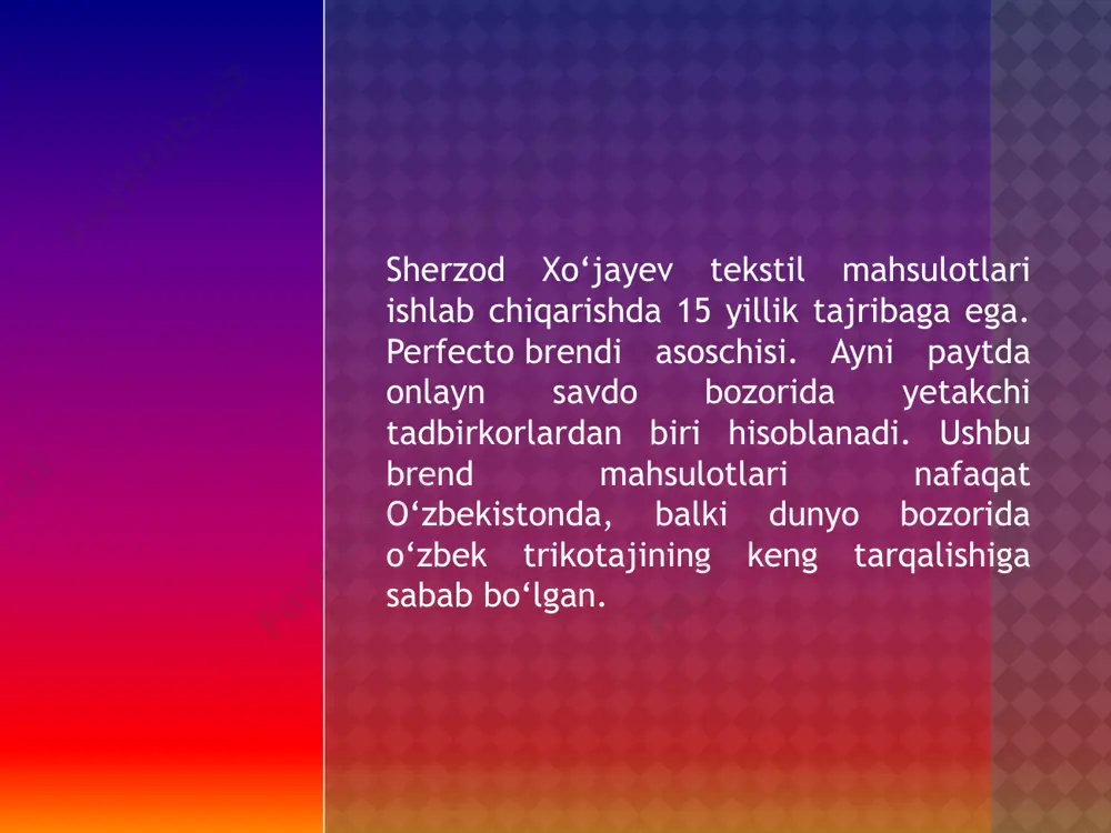 lar mahsulotlarni olgach, izohlar qoldirishi bo‘ldi, chunki ijobiy fikrlar ko‘p. boshidan internet do‘koniga ishonchni orttirish, odamlarni jalb qilish uchun yaxshi mahsulotlar qo‘ydik. biz tadbirkorlik faoliyatimizni yo‘lga qo‘yishda oflayn do‘konlarda ijara to‘lashimiz, sotuvchi olishimiz, reklama bilan shug‘ullanishimiz kerak. bunday do‘konlarning qamrovi cheklangan bo‘ladi. internet do‘konlari esa bizning hududiy imkoniyatni oshiradi. bemalol boshqa viloyatlarga yetkazishimiz mumkin. biz uchun hammasini uzum bajaryapti yana bir yaxshi tarafi shundayki, mijoz o‘zining hududidagi uzum market bo‘limiga borib, buyurtma qilgan kiyimini tekshirib, kiyib ko‘rib, keyin pulini to‘laydi, shuning uchun ham mijozlar qo‘rqmasdan buyurtma berishyapti. hozircha 100 dan ortiq shunday bo‘limlar bor viloyatlarda. biz faqat uzum market'ga xizmat haqi to‘laymiz mahsulot sotilgach. 3 foizdan 20 foizgacha mahsulot pulini olishadi. agar qimmat mahsulot bo‘lsa, kam foizda, arzon bo‘lsa ko‘proq. barcha xizmatlar shu foiz ichida bo‘ladi. ayni paytda biz do‘konlarga, reklamalarga, sotuvchilarga pul sarflamayapmiz. hammasi shu uzum market xizmatlari ichida. internetda ham birinchi bo‘lib uzum market reklamalari, mahsulotlari chiqib keladi. …