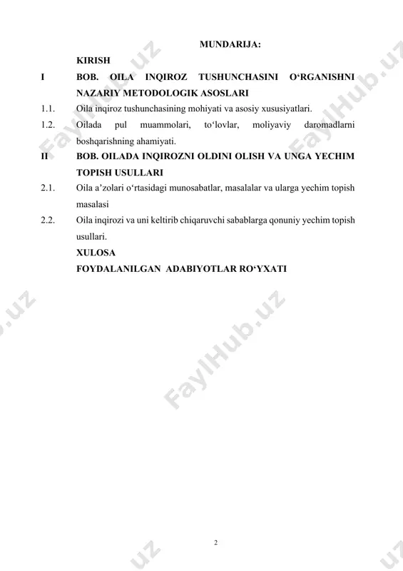 k va boshqa shu kabi illatlardan holi bo'lishi oilaviy munosabatlar madaniyatining sofligini ta’minlovchi xususiyatlardir. bunday ijobiy xususiyatlarga ega bo’lish, serfarzand oilalarda ham, yoki faqat er va xotin yashaydigan oilalarda ham og’ir kechadi. chunki er-xotin turli sharoitda, muhitda tarbiyalangan, ularning qarashlari, ma’lumoti, yoshi, ma’naviy saviyasi va boshqalarda nomuvofiqlik mavjud bo’lishi mumkin. er-xotinning bir-biriga ko‘nikishi, o'zaro hurmati, do'stona munosabatiarining shakllanishi uchun ular orasidagi sevgi dastlabki manba bo’lsa, axloqiy qadriyatlarning gultoji bo’lgan ibo, hayo, xushmuomalalik, mehnatsevarlik, sarishtalik, ozodalik, pazandalik, g‘amxo‘rlik, mehrshafqat kabi azaliy odatlarimiz oilani mustahkamlashda ikkinchi manba bo’ladi. institut jamiyatda xotin-qizlarning siyosiy onglilik darajasini yuksaltirish bilan birga, ayollarga taalluqli ijtimoiy munosabatlarni o‘rganadi, shu orqali ayollarning iqtisodiy. siyosiy, maishiy, madaniy, ta’limiy va boshqa sohalardagi ahvolini tadqiq qiladi. oilada er-xotin bir-birini tushungan xolatda yashasa, kelin qaynonaqaynotaning xurmatini qilsa, eriga itoat qilsa, o’z vazifalarini vaqtida bajarsa oilada kelishmovchiliklar yuzaga kelmaydi. oilada kelishmovchiliklar yuzaga kelmasligi uchun yangi turmush qurish arafasida bo’lgan yoshlarga oila qanday muqaddas dargoh …