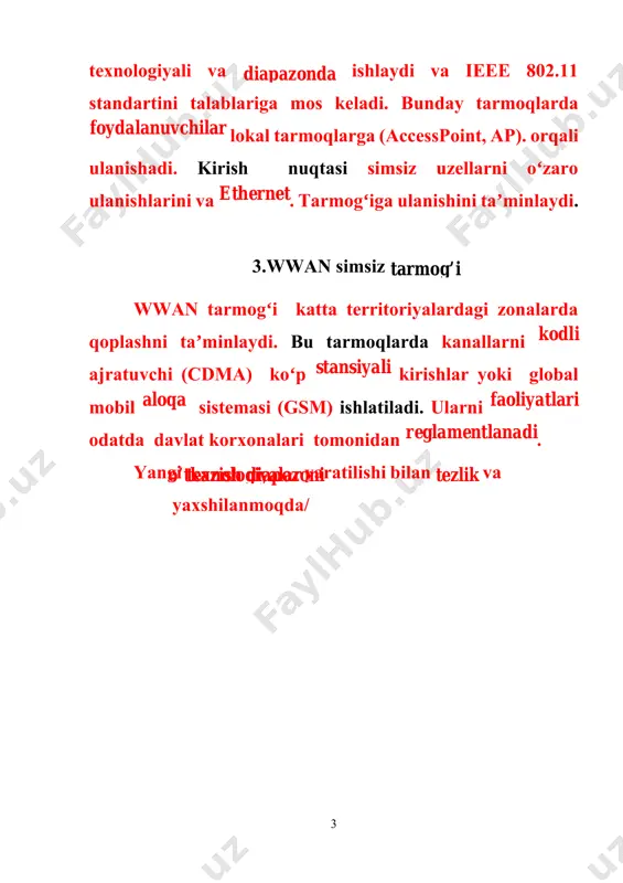matlari (bss) yoki sotli deyiladi. qoplash zonasini kengaytirish uchun taqsimlash sistemasi (ds) orqali birqancha bazali xizmat yigʻmalarini birlashtirish mumkin. shunday qilib kengaytirilgan xizmat yigʻmalari (ess) tashkil etiladi.bu kengaytirilgan xizmat yigʻmalarida birqancha kirish nuqtasidan foydalaniladi. sotalar orasida maʼlumotlarni yoʻqotishsiz almashish uchun bazali xizmatlar yig’indisi taxminan oʻzaro 10% kesishishlari kerak.bu kliyentni ikkinchi kirish nuqtasiga birinchi kirish nuqtadan uzilmasdan ulanishga imkon beradi. 5.16-rasm. simsiz tarmoqda oʻzaro bogʻlanish 7. simsiz lokal tarmoqlarini (wirelesslan) komponentlari maʼlumotlarni masofadan dispetcher yoki undan yuqori punktlariga uzatish uchun bluetooth, wi-fi, gsm,gprs tizimlaridan foydalanish mumkin. maʼlumotlarni uzatish standartlari tanlagandan keyin wlan tarmogʻini hamma komponentlari bir biriga mos kelishlarini tekshirib chiqish kerak.wlan tarmogʻida simsiz kliyent yoki cta, kirish nuqtasi,simsiz koʻprik va antenna kabi komponentlar boʻlishi shart. antennalar: kirish nuqtalarida va simsiz koʻpriklarda ishlatiladi; simsiz qurilmani chiqishidagi signalni quvvatini oshiradi; boshqa qurilmalardan signallarni qabul qiladi,jumladan cta dan; antennadagi signalni kuchaytirish kuchaytirish deyiladi; signalning quvvati qancha katta boʻlsa uzatish masofasi shuncha katta boʻladi. …