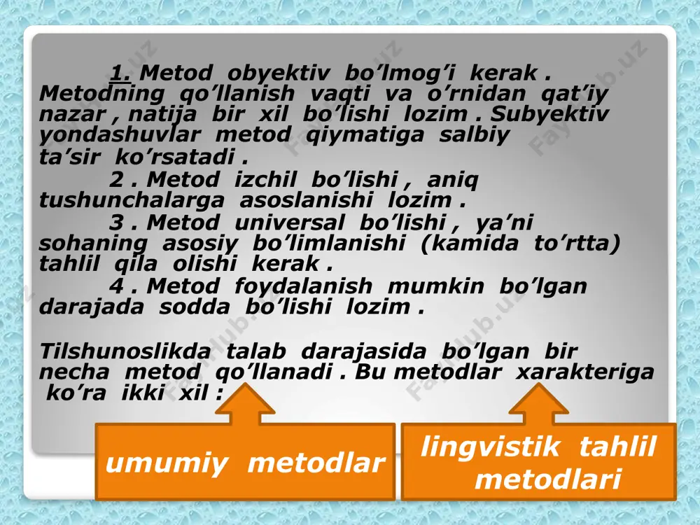 irokchilarga ajratish uslubi o'z ishini sintaktik qatlamda boshlab, morfologik yarusgacha davom etadi. bu uslubga asosan har qanday butunlik, xususan, gap hokim va tobelik munosabatida bo'lgan qismlardan iboratdir va ular bevosita bo'ysunish-iyerarxiya prinsipiga amal qiladi. gap avval ikki ishtirokchi qismga va so'ngra har bir ishtirokchi qism yana ikki ishtirokchi qismlarga ajratiladi. bu ish to oxirgi ikki eng kichik ma'no anglatuvchi birlik aniqlanguncha davom etadi. masalan: transformatsion metod bu uslub zamonaviy uslublar ichida eng mukammali hisoblanadi. chunki u tildagi sintaktik jarayonlarni tushuntirish imkoniga egadirj transformatsion uslub ta'limotiga binoan tilning sintaktik tuzilishi asosida elementar yadro gaplar yotadi. bu elementar sintaktik strukturalarning o'zgarishi yangi turdagi mukammalroq strukturalarning (sintaktik birliklarni: so'z birikmalari, gaplarning) yuzaga kelishiga sabab bo'ladi. har bir murakkab gap boshqa bir elementar (yadro) gapning o'zgarishi natijasidir. bu uslub go'yo til paydo boigan vaqtdan boshlab, tilning to hozirgacha bo'lgan rivojlanish bosqichlarini o'z ichiga oladi. ba'zi olimlarning fikrich'a, tillarning rivojlanish bosqichlarini bolalar nutqi misolida ko'rish …