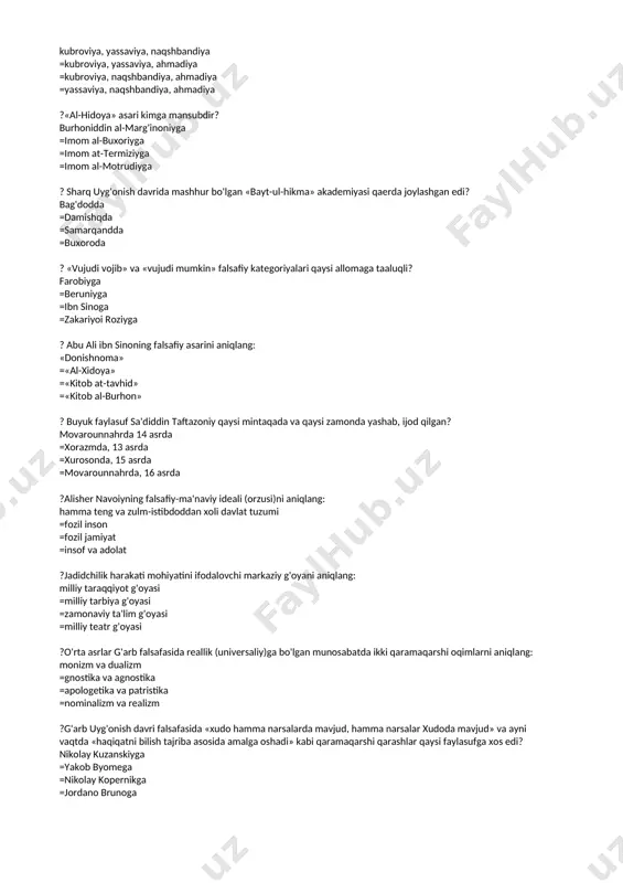 srda =xorazmda, 13 asrda =xurosonda, 15 asrda =movarounnahrda, 16 asrda ?alisher navoiyning falsafiy-ma'naviy ideali (orzusi)ni aniqlang: hamma teng va zulm-istibdoddan xoli davlat tuzumi =fozil inson =fozil jamiyat =insof va adolat ?jadidchilik harakati mohiyatini ifodalovchi markaziy g'oyani aniqlang: milliy taraqqiyot g'oyasi =milliy tarbiya g'oyasi =zamonaviy ta'lim g'oyasi =milliy teatr g'oyasi ?o'rta asrlar g'arb falsafasida reallik (universaliy)ga bo'lgan munosabatda ikki qaramaqarshi oqimlarni aniqlang: monizm va dualizm =gnostika va agnostika =apologetika va patristika =nominalizm va realizm ?g'arb uyg'onish davri falsafasida «xudo hamma narsalarda mavjud, hamma narsalar xudoda mavjud» va ayni vaqtda «haqiqatni bilish tajriba asosida amalga oshadi» kabi qaramaqarshi qarashlar qaysi faylasufga xos edi? nikolay kuzanskiyga =yakob byomega =nikolay kopernikga =jordano brunoga ?yangi davr ingliz falsafasida qaysi faylasuf «davlatning monarxiya shakli maqsadga muvofiqdir» degan? tomas gobbs =frensis bekon =jan lokk =benedikt spinoza ?rene dekartning dualistik ta'limotini aniqlang: borliqning asosida modda va ruh yotdai va u xudoga bo'ysunadi =borliqning asosida modda va ruh yotadi …