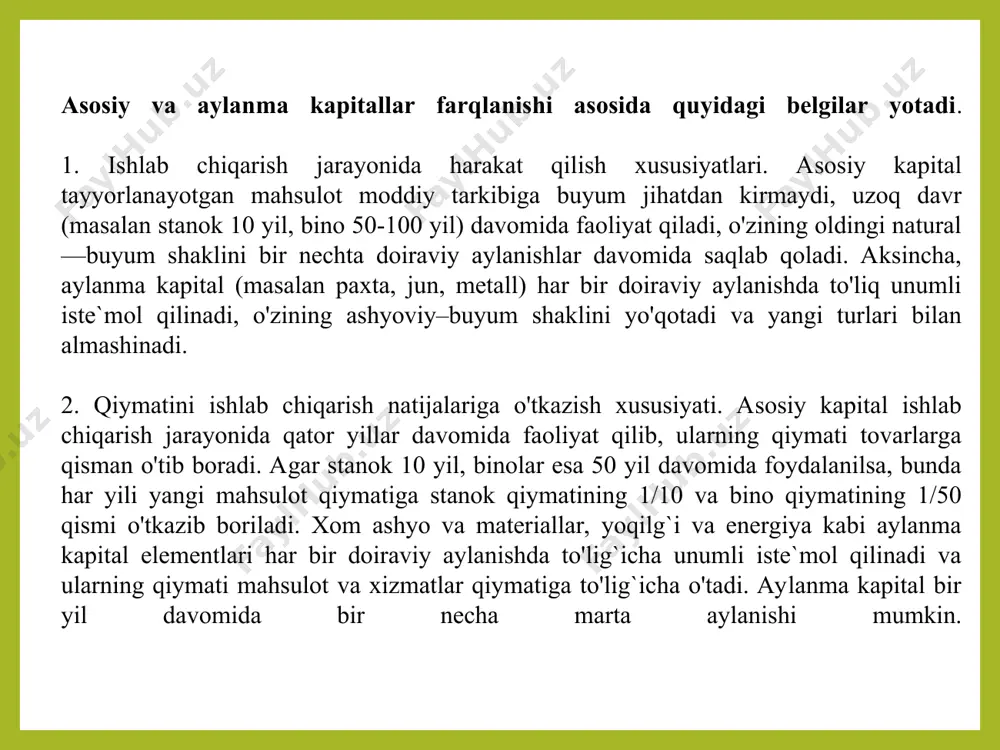 yumlariga ta`sir ko'rsatish zarurligi va tashkiliy tavsifdagi sabablar taqozo etadi. birinchi holda, mehnat buyumlari u yoki bu darajada uzoq davom etadigan jismoniy, kimyoviy va biologik jarayonlarning ta`siri ostida bo'ladi. buning natijasida muayyan foydali samaraga erishiladi yoki iste`mol qiymatlarining shakli o'zgaradi. bunda mehnat jarayoni qisman yoki to'liq to'xtaydi, ishlab chiqarish jarayoni esa davom etadi. tashkiliy sabablarga ko'ra tanaffuslar vaqti korxonalarning ish rejimi bilan, shuningdek ishlab chiqarishni tashkil kilish xususiyatlari bilan belgilanadi. ishlab chiqarish vositalarning zahira va ehtiyotlar sifatida bo'lish vaqti - bu ularning ishlab chiqarish jarayonining uzluksizligini ta`minlash uchun zarur bo'lgan davrdir. tez quritadigan, tez achitadigan, umuman texnologik jarayonlarni tezlashtiradigan yangi texnika va texnologiyalarning qo'llanilishi tanaffus davrining va binobarin ishlab chiqarish vaqtining qisqarishiga olib keladi. transport shaxobchalarini rivojlantirish, xo'jalik aloqalarining samarali tizimini belgilash, ishlab chiqarish vositalari bozorini shakllantirish, ehtiyojlarni puxta hisobga olish, muomala vaqtini qisqartirish uchun muhim ahamiyatga ega. kapitalning aylanish tezligi ulardan foydalanish samaradorligiga jiddiy ta`sir qiladi. aylanish tezligi muayyan …