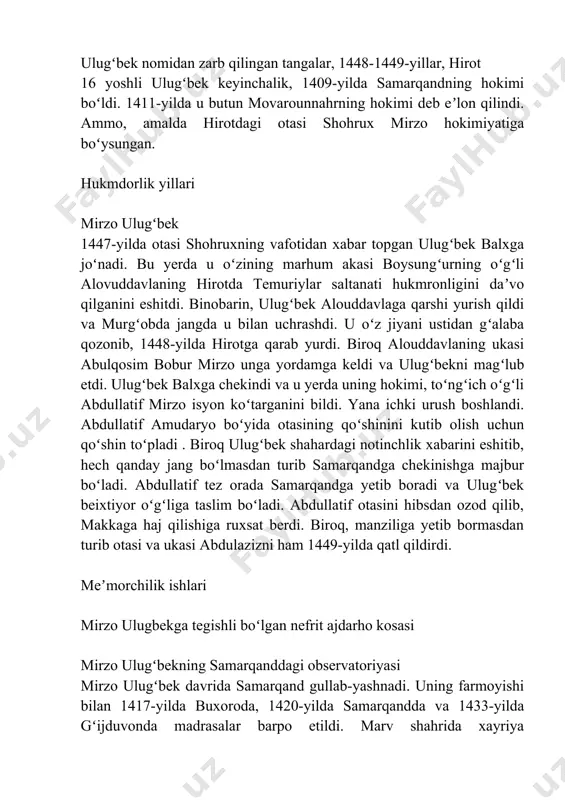 huvda ulugʻbek gʻolib boʻlib hirot tomon harakat qildi, ammo alauddavlaning akasi mirzo abul qosim bobur bilan boʻlgan toʻqnashuvda magʻlubiyatga uchrashib, balxga qaytib kelgach oʻz oʻgʻli abdullatifni fitnasi tufayli 1449-yilda oktyabrning 27-sanasida, yaʼni 55 yoshida samarqand yaqinida oʻldirildi[15]. ulugʻbekning yaqinlaridan biri abdulloh, uni samarqandning amir temur maqbarasi ziyoratgohida keltirgan. 1830-yilda osmon yulduzshunoslari johann heinrich von mädler oyda bor boʻlgan kraterlarning birini ulugʻbek nomiga musammo qildi. xotira 1930-yilda tashkil etilgan kitob xalqaro kenglik stansiyasiga ulugʻbek nomi berilgan[16]. oʻzssr fanlar akademiyasi akademigi t.qori-niyoziy 1950-yilda „ulugʻbek astronomik maktabi“ monografiyasini yozdi va buning uchun 1952-yilda stalin mukofotiga sazovor boʻldi. akademik i. m. moʻminov tashabbusi bilan 1969-yil aprel oyida toshkentda mirzo ulugʻbek tavalludining 575-yilligiga bagʻishlangan yubiley ilmiy anjumani boʻlib oʻtdi. 1970-yilda samarqandda ilk bor ulugʻbek haykali oʻrnatildi. 1966-yilda oʻzbekistonda „ulugʻbek yulduzi“ filmi suratga olindi[17]. yozuvchi maqsud shayxzoda 1964-yilda „mirzo ulugʻbek“ pyesasini yozdi. yozuvchi odil yoqubov „ulugʻbek xazinalari“ (1970—1973) romanini yozdi. 1970-yillarda oʻzbekistonda odil yoqubovning romani asosida …