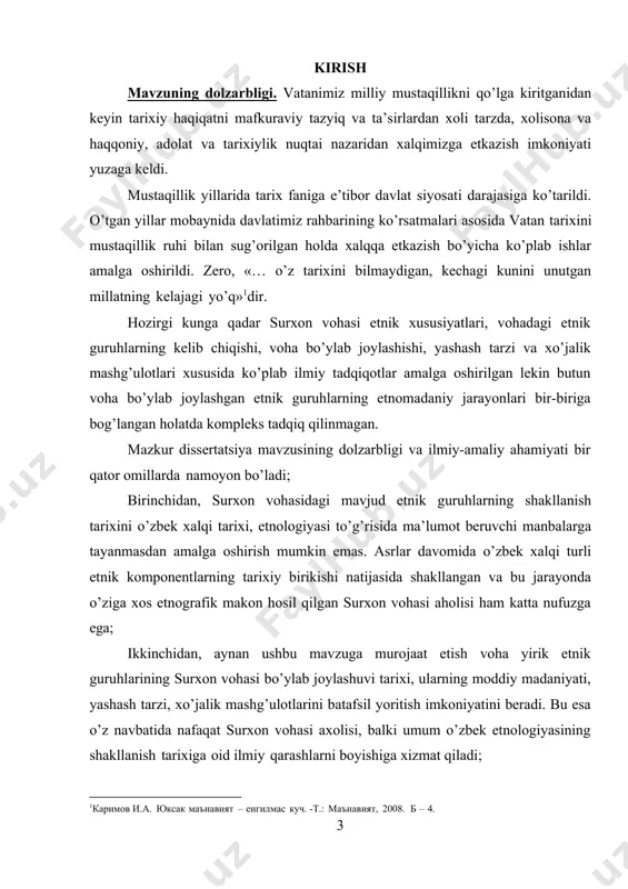 qiqotning davriy chegarasi xviii asr oxiri – xxi asr boshlarini qamrab olgan. bu davr nafaqat surxon voxasi etnik tarixida balki o’zbek xalqining tarixidagi eng muhim davr bo’lib hisoblanadi. xviii asr oxiri – xxi asr boshlaridagi etnik jarayonlar tadqiqotchilar tomonidan juda kam o’rganilganligi va keng ko’lamli etnologik tadqiqot olib borilmaganligi ham bunga asos bo’ldi. tadqiqotning hududiy chegarasi. tadqiqot uchun hududiy chegara sifatida surxon vohasi (surxondaryo viloyatidagi boysuntog’ va bobotog’ oralig’idagi sheroboddaryo va surxondaryo daryolari havzasi) belgilandi. mavzuning o’rganilish darajasi. tarixiy tahlil shuni ko’rsatadiki, xviii asr oxiri – xxi asrning boshlari surhon vohasi etnik tarixi, moddiy va xo’jalik madaniyati hozirga qadar maxsus tadqiq qilinmagan. biroq o’zbek xalqining moddiy va ma’naviy madaniyatiga oid ishlarda ushbu mavzuning alohida yo’nalishlari bo’yicha ilmiy izlanishlar amalga oshirilgan. umuman olganda, ushbu mavzuga oid manba va adabiyotlarni to’rt guruhga bo’lish mumkin: birinchi guruhga tarixiy manbalar va yozma yodgorliklar kiradi; ikkinchi guruhga podsho rossiyasi mustamlakachiligi davrida to’plangan ilmiy tadqiqotlar kiradi; …