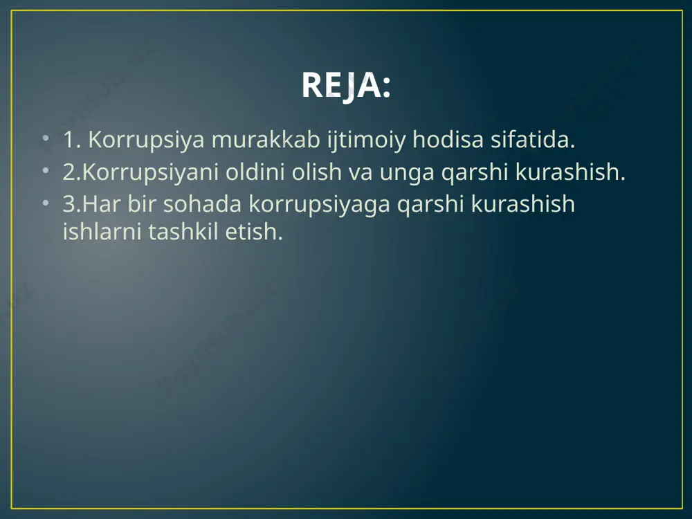 atlarini keng jamoatchilikka tushuntirish, korrupsiyaga imkon bergan sabablar va shart-sharoitlarni bartaraf etish; korrupsiyaga qarshi kurashish sohasida tashkiliy choralarni ilmiy va amaliy jihatdan asoslangan holda tashkil etish, ilmiy tadqiqotlar o‘tkazish va bu sohada xalqaro hamkorlikni izchil yo‘lga qo‘yish. har qanday davlatda korrupsiyaning rivojlanishi davlatning ichki va tashqi siyosatiga salbiy ta’sir ko‘rsatadi, natijada jamiyat a’zolarini mazkur davlatning organlariga bo‘lgan ishonchiga putur yetkazishga olib keladi. “jinoyat qonunchiligini yanada takomillashtirish va liberallashtirish bo‘yicha ishlarni davom ettirish lozim. nega deganda, jinoyat va jinoyat-protsessual kodekslar qariyb 25 yil oldin qabul qilingan. o‘tgan davrda jamiyatdagi munosabatlar, odamlarning yashash tarzi, ongi dunyoqarashi o‘zgardi. shu sababli bu kodekslar bugungi kun talablariga javob bermay qoldi. ma’lumki, qonunchilikda jazoni og‘irlashtirish yoki yengillashtirishga oid moddalar bor. lekin ular tergovchi yoki sud’yaning ixtiyoriga, ya’ni inson omiliga to‘liq bog‘liq bo‘lib qolmasligi kerak. aks holda biz uchun muqaddas bo‘lgan adolat mezoni buziladi. hozirgi globallashuv davrida yoki jarayonida korrupsiya muammosi jahonning deyarli har bir mamlakatida mavjudligini …